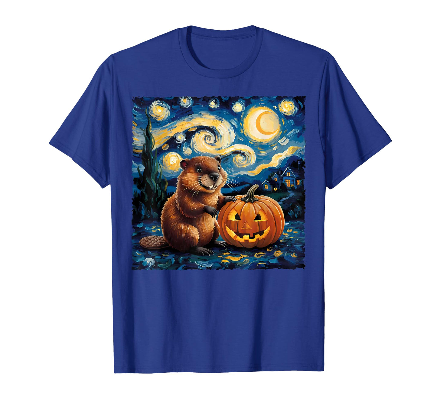 Beaver Pumpkin Van Gogh's The Starry Night Halloween Design T-Shirt