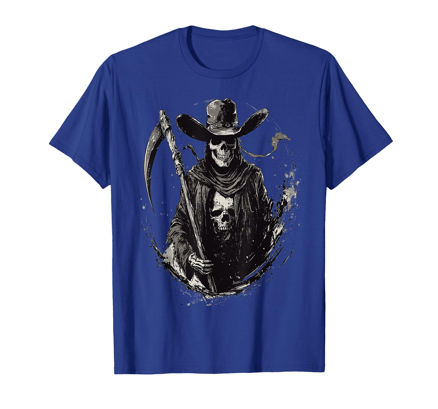 Western Grim Reaper Cowboy Wearing Hat Scythe Skull Art T-Shirt