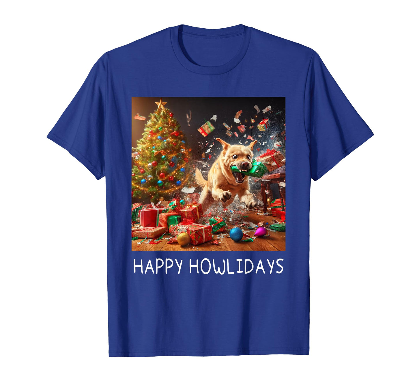 Funny Crazy Chaotic Dog Under The Tree Cute Happy Howlidays T-Shirt
