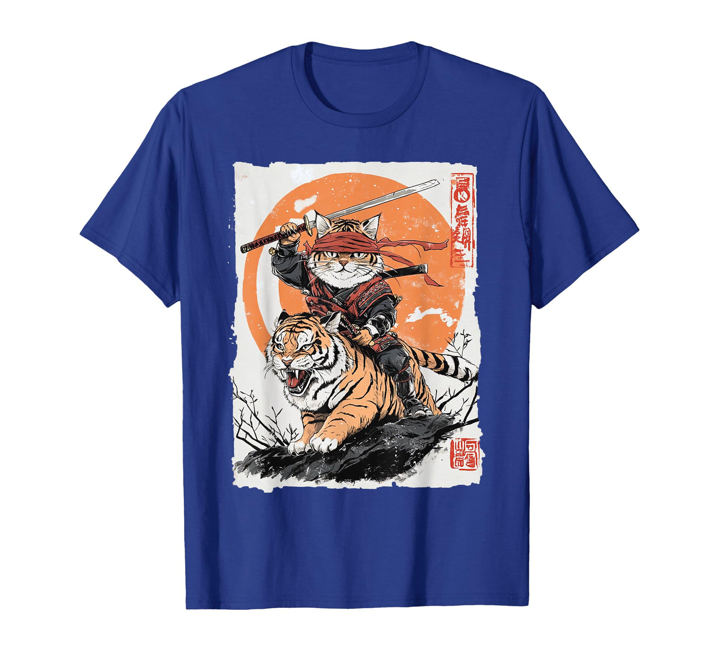 Ninja Cat Riding Tiger - Japanese Samurai Art Vintage Style T-Shirt for Men Women Kids