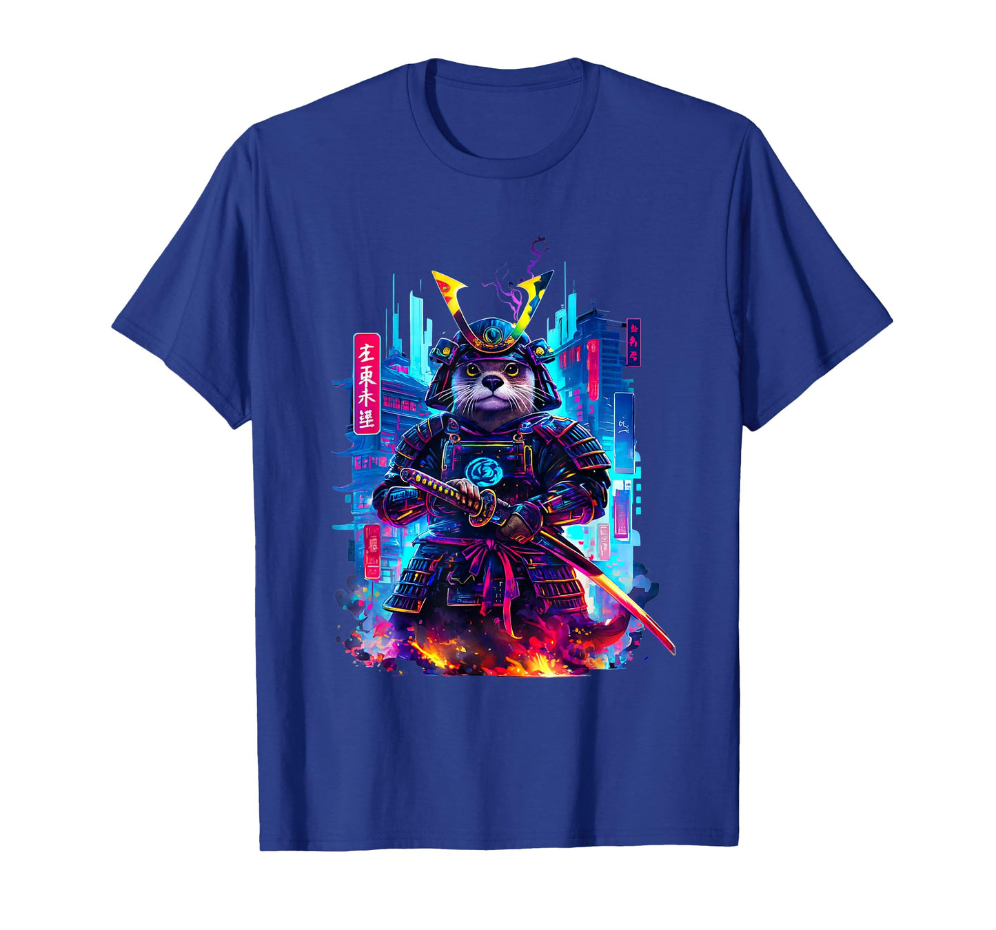 Otter Katana Cyberpunk Neon Samurai Japanese Art T-Shirt