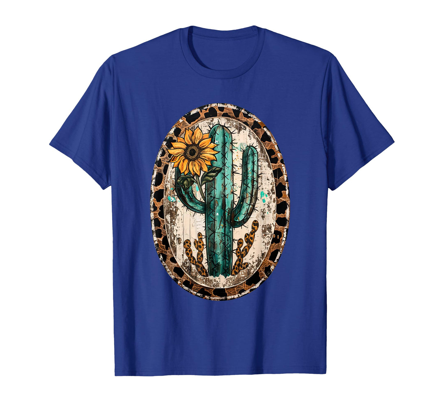 Vintage Western Turquoise Teal Cactus Sunflower Leopard T-Shirt