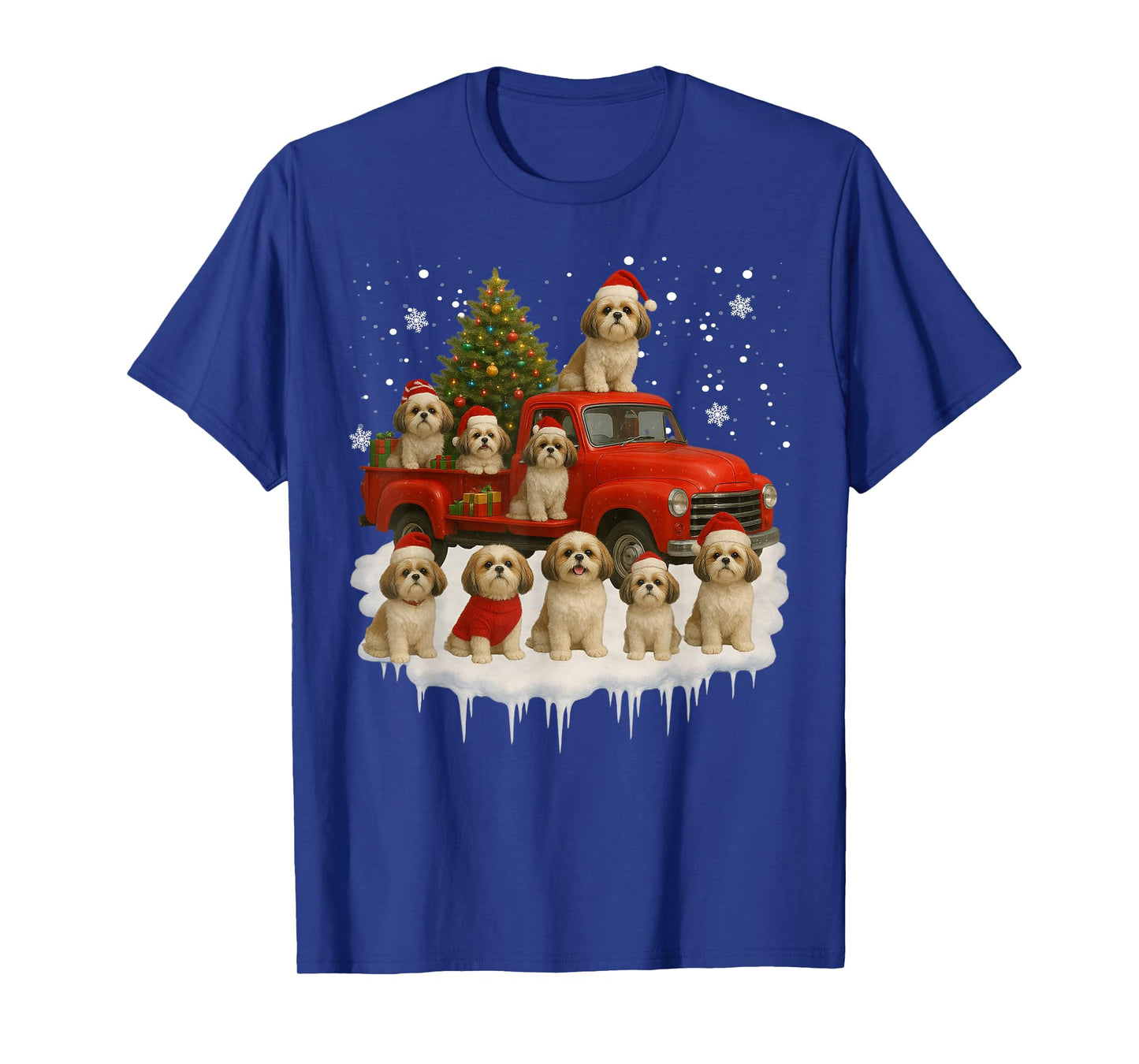 Shih Tzu Dog Red Truck Christmas Tree Santa Ugly Xmas T-Shirt