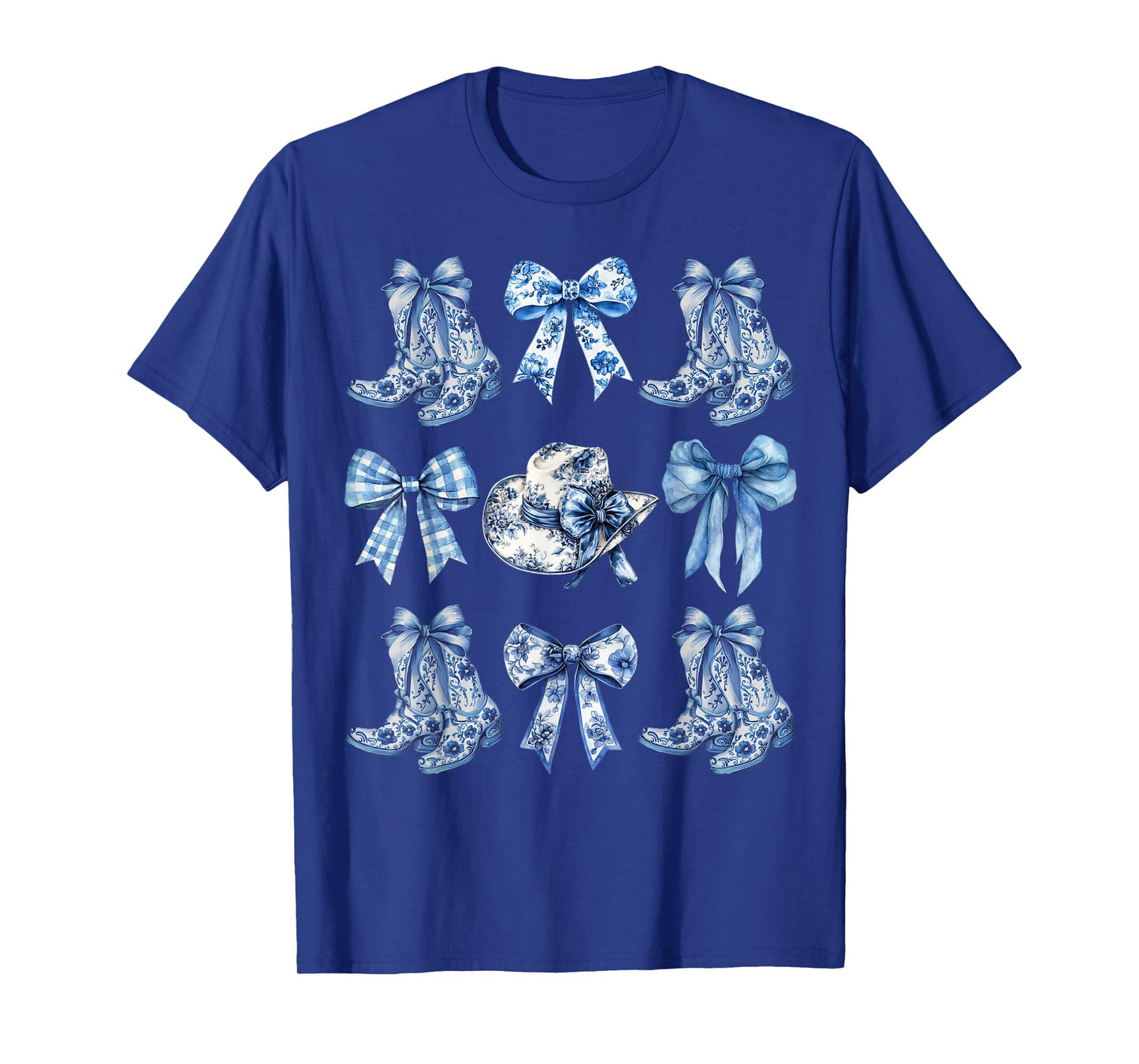 Blue Toile Cowgirl Coquette Bow Cowboy Boots Chinoiserie T-Shirt
