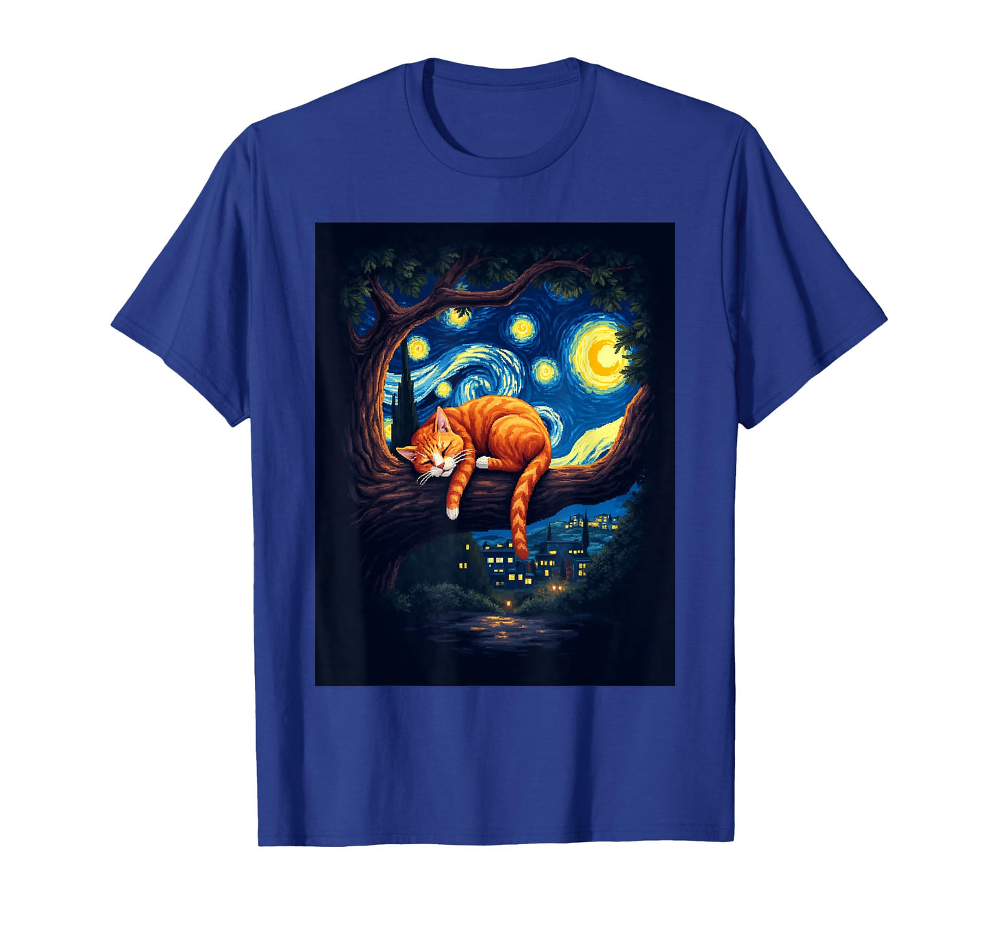 Van Gogh Starry Night Funny Cat Moonlit Scene Cat Lovers T-Shirt