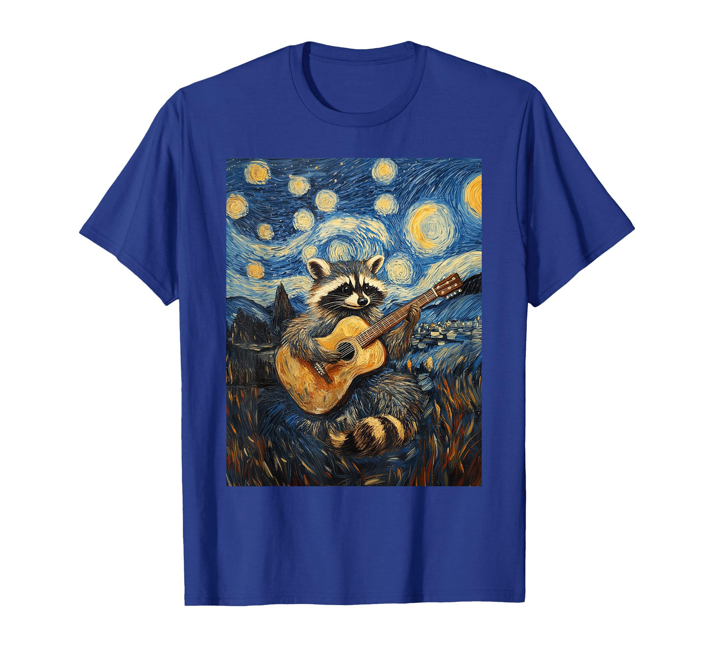 Funny Raccoon Play Guitar Guitarist Starry Night Van Gogh T-Shirt