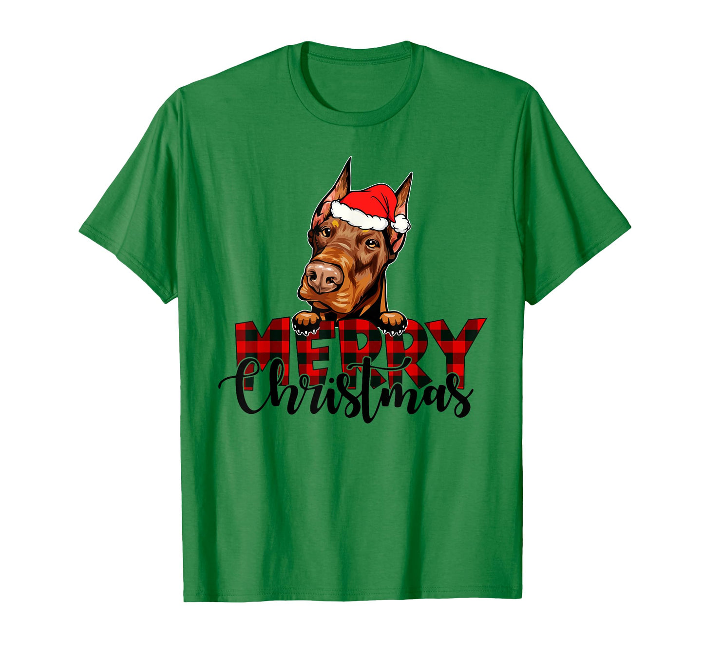 Merry Christmas Doberman Dog Christmas Red Plaid Santa Hat T-Shirt