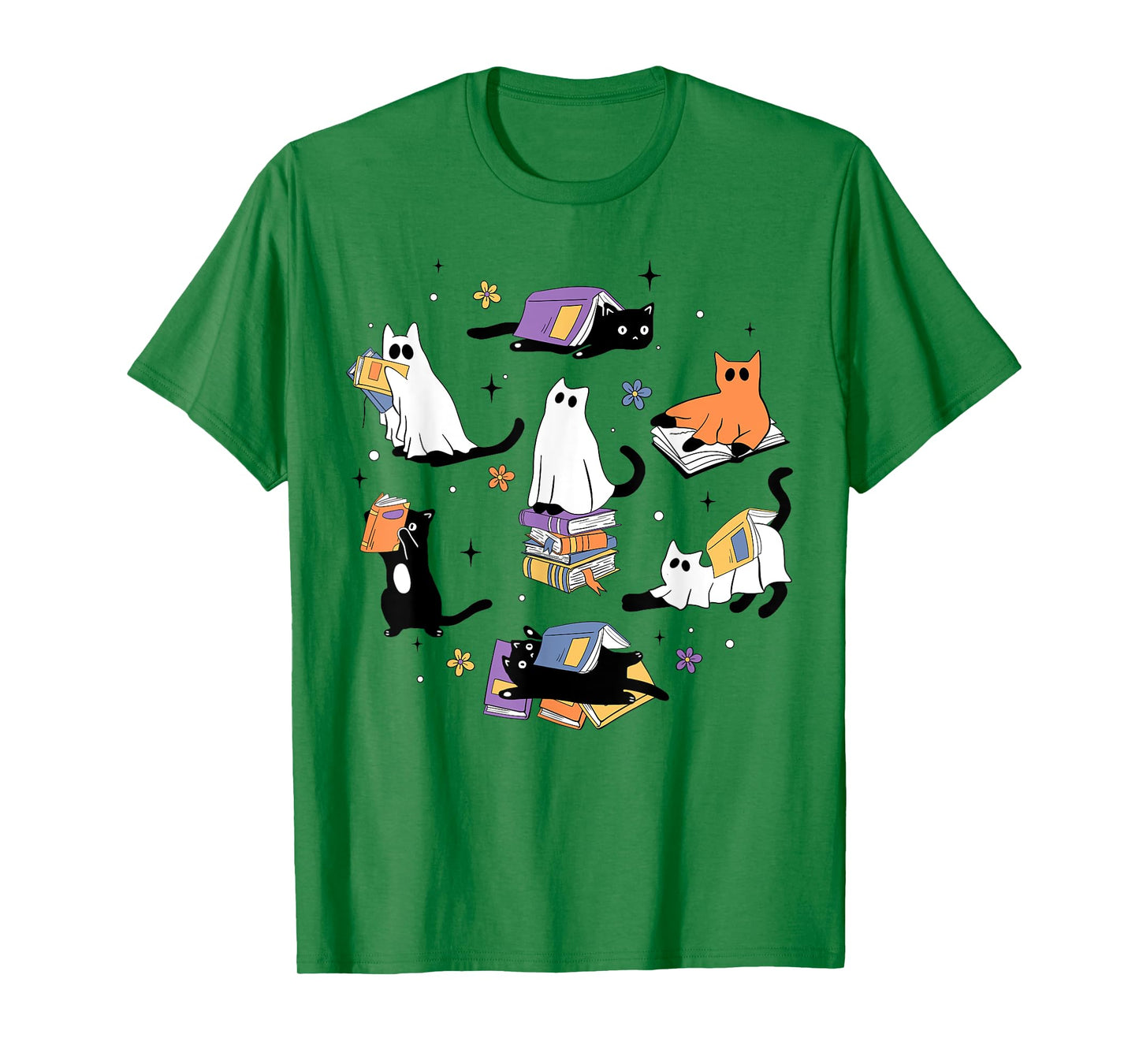 Cute Ghost Cat Reading Books Lover Bookish Halloween Spooky T-Shirt for Men Women