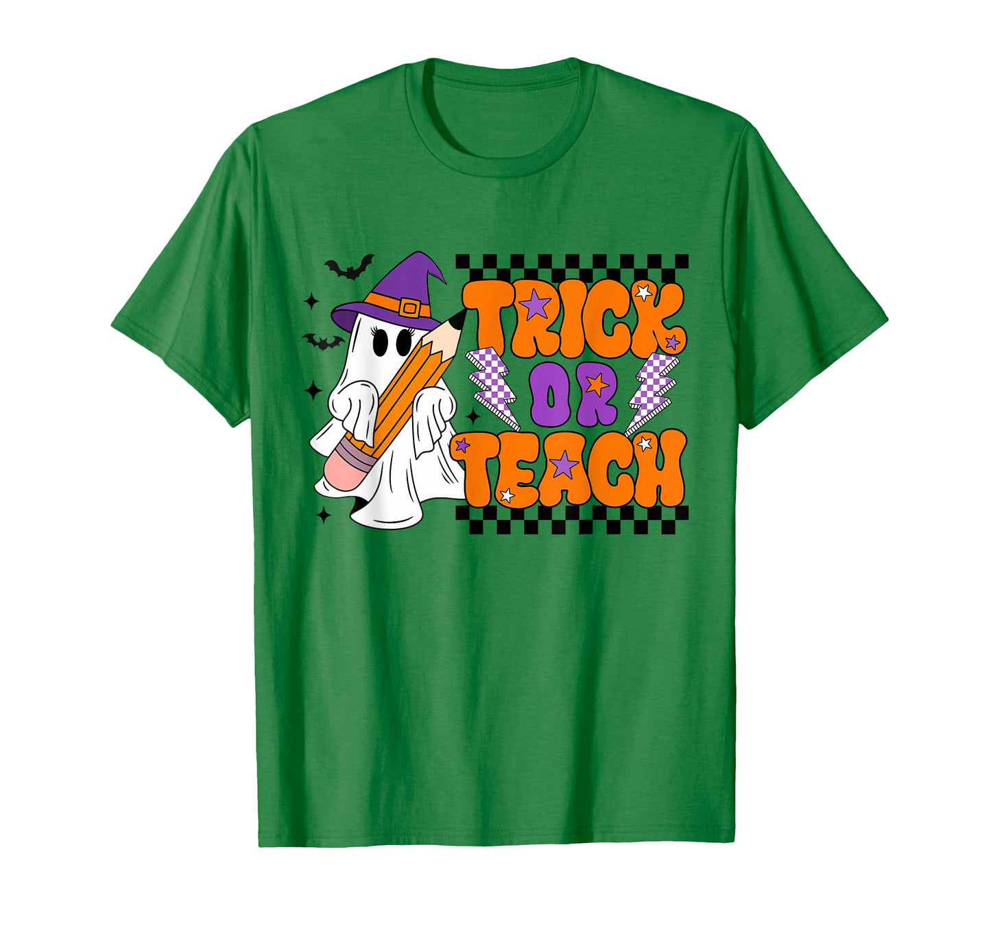 Trick Or Teach Groovy Teacher Halloween Retro Floral Ghost T-Shirt