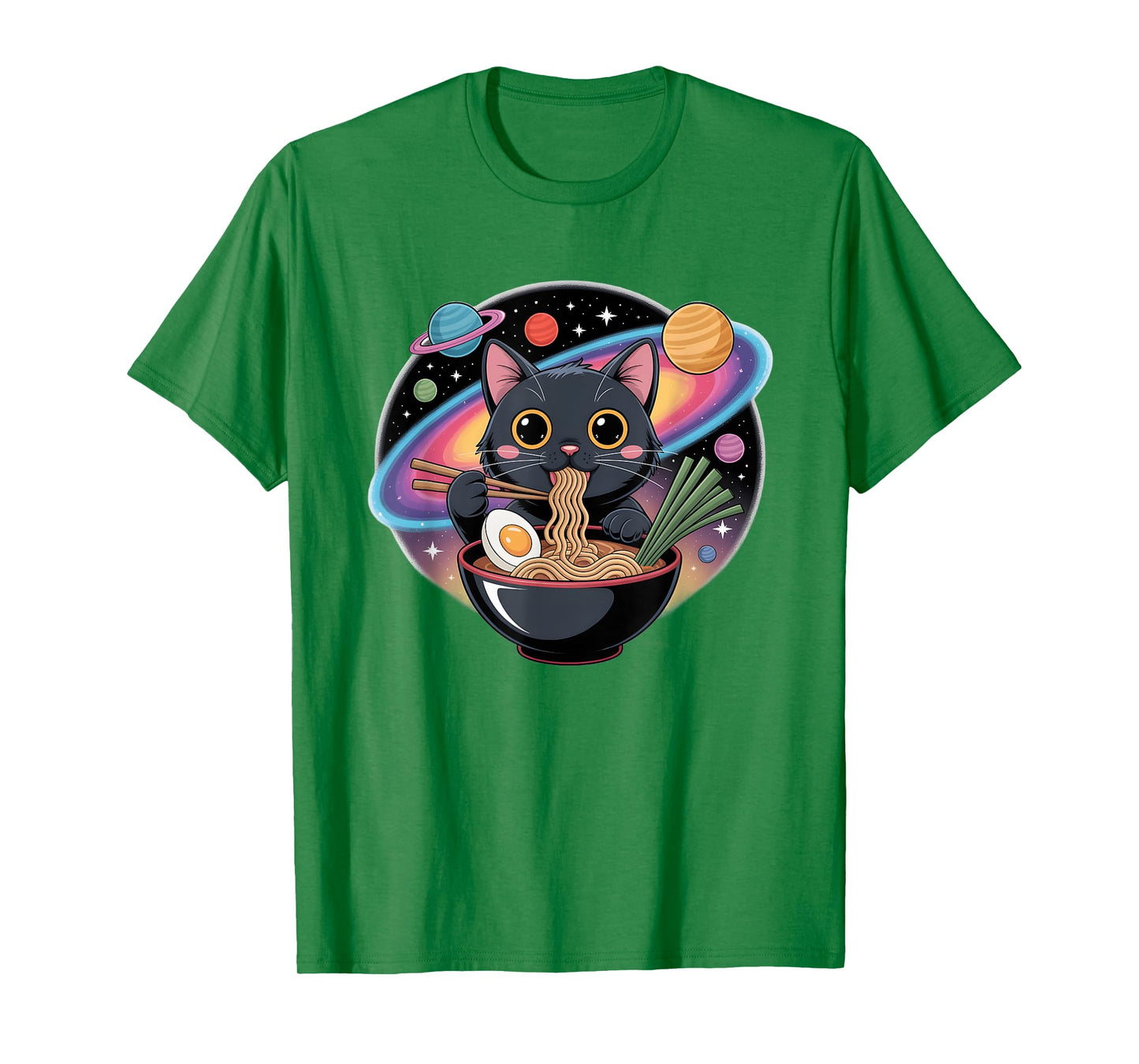 Cute Black Cat Eating Ramen in Space with Planets T-Shirt