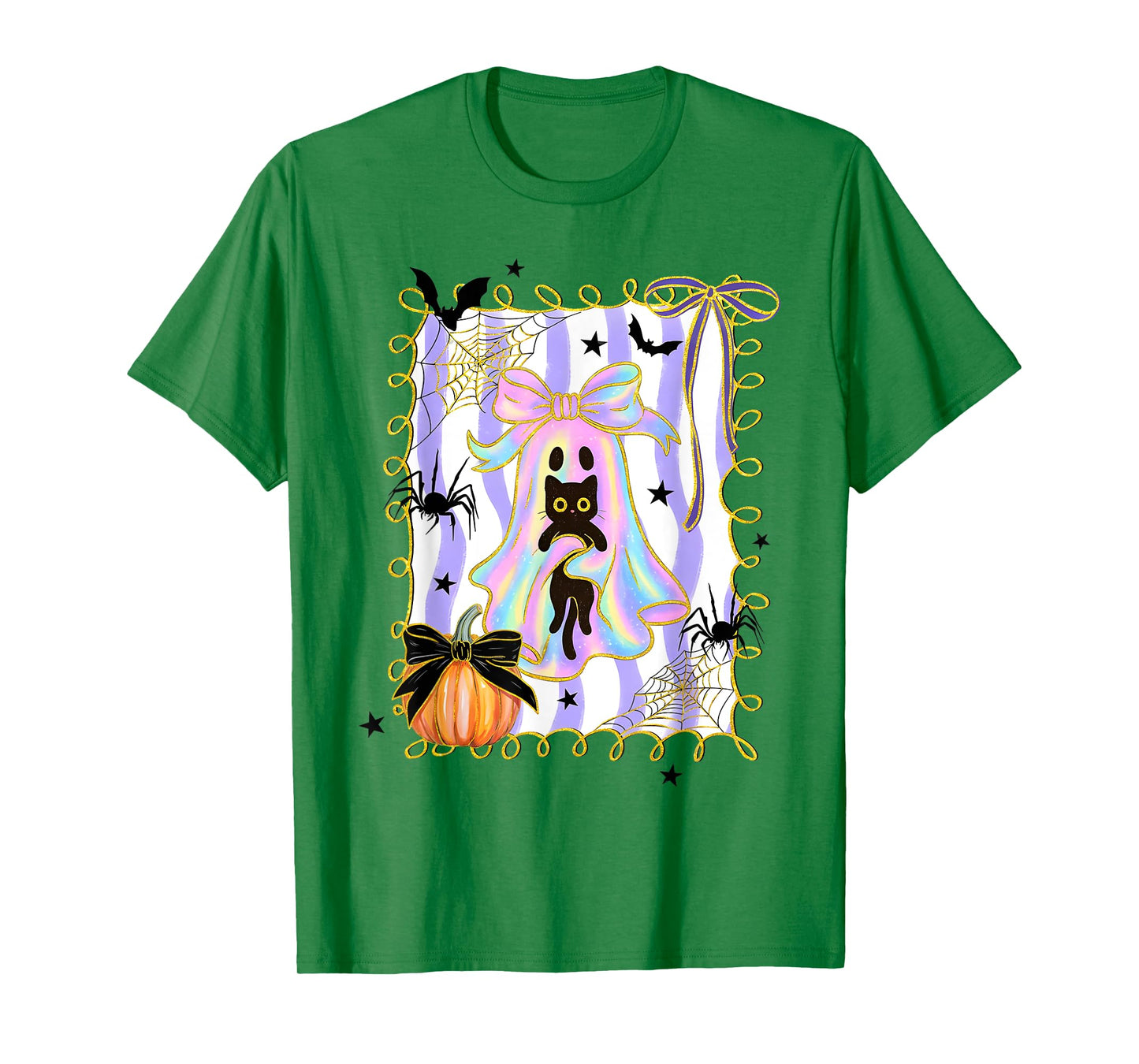 Spooky Black Cat Pumpkin Ghost Halloween Coquette Bow T-Shirt