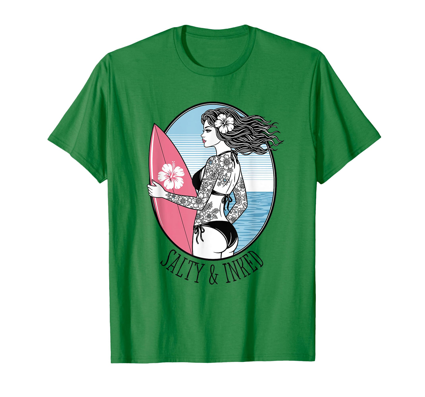 Salty & Inked Tattooed Girl Surfer Vintage Pin-Up Tattoo Art T-Shirt