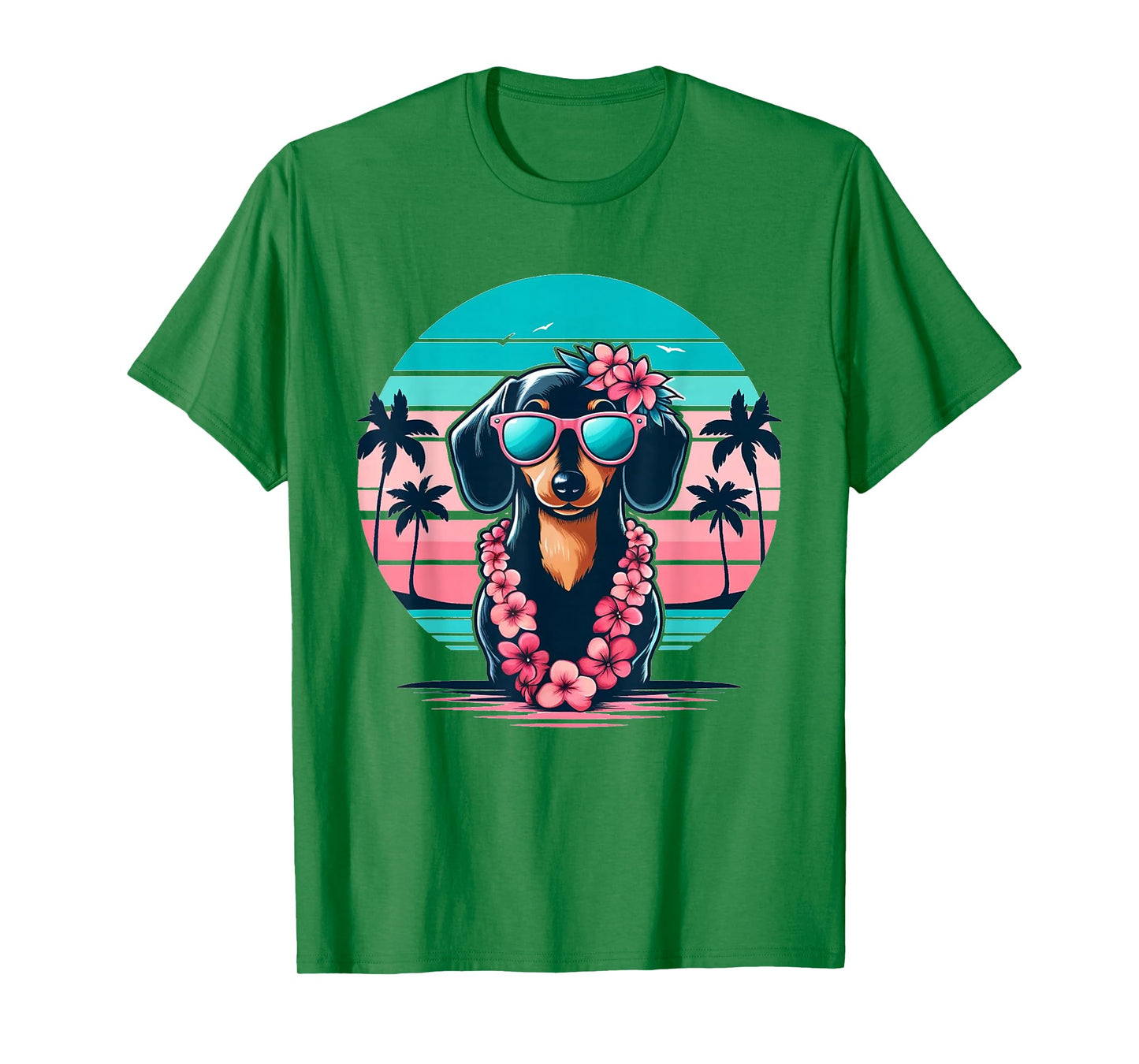 Retro Hawaiian Dachshund Dog Tropical Floral Summer Vibes T-Shirt