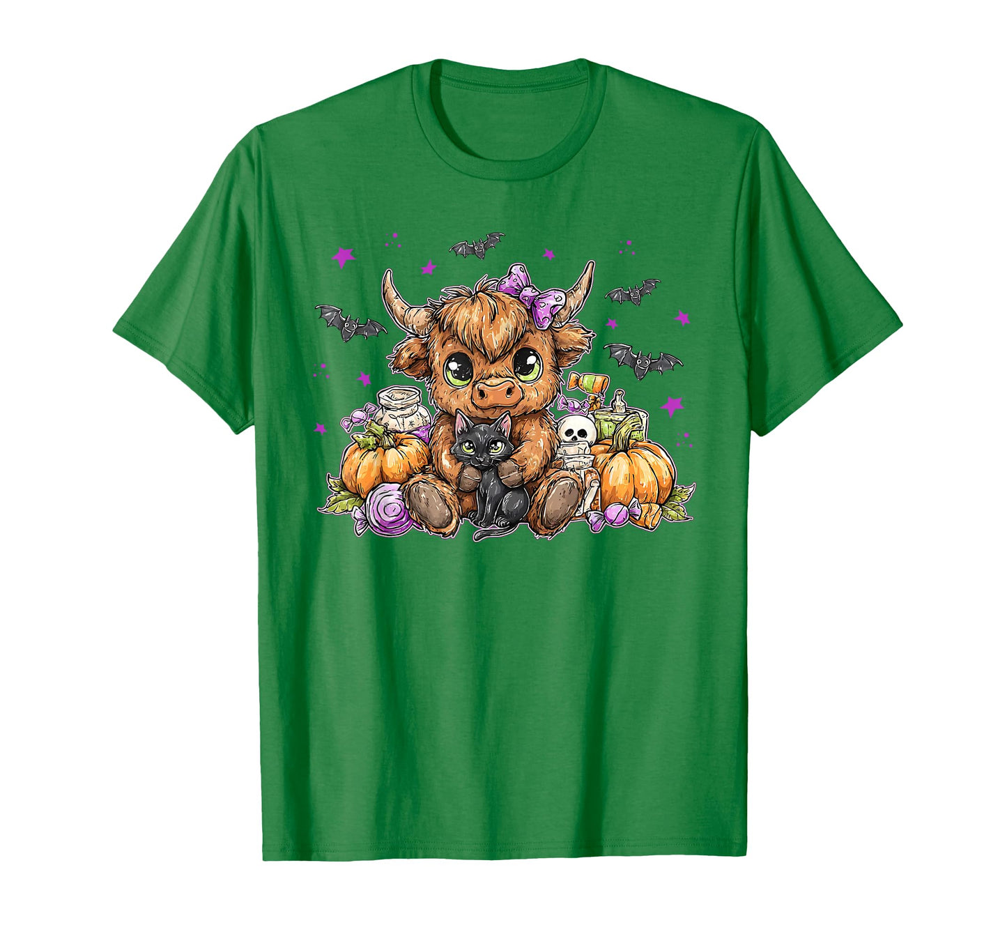Retro Pumpkin Highland Cow Halloween Cow Lover Black Cat T-Shirt