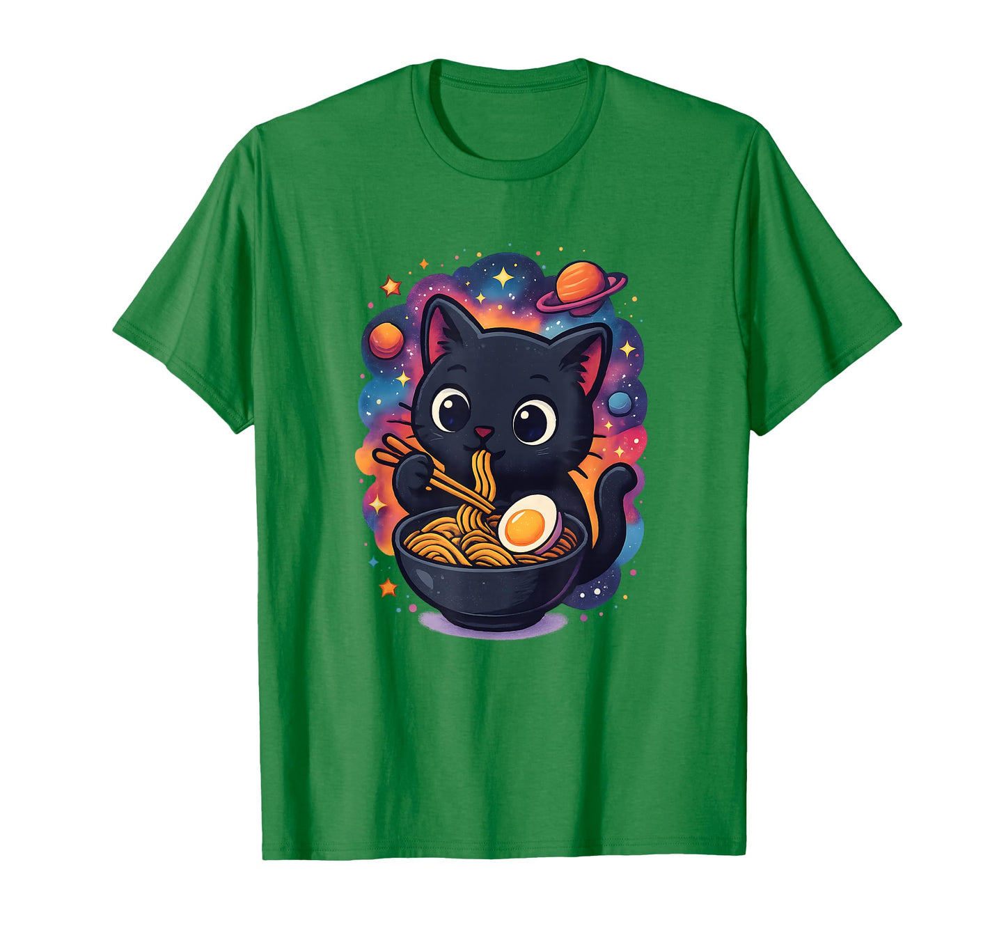 Cute Black Cat Eating Ramen in Space with Planets T-Shirt