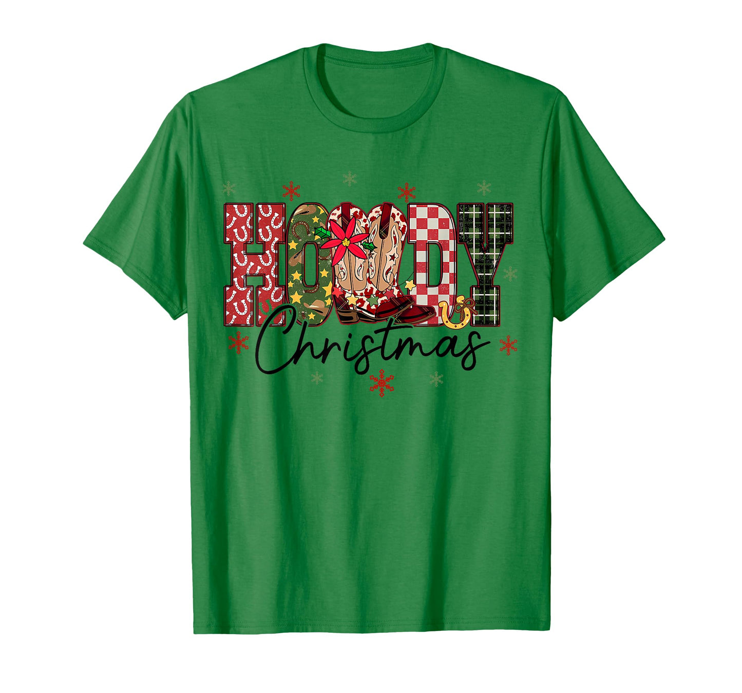 Retro Howdy Christmas Western Cowboy Boots Checkered Plaid T-Shirt
