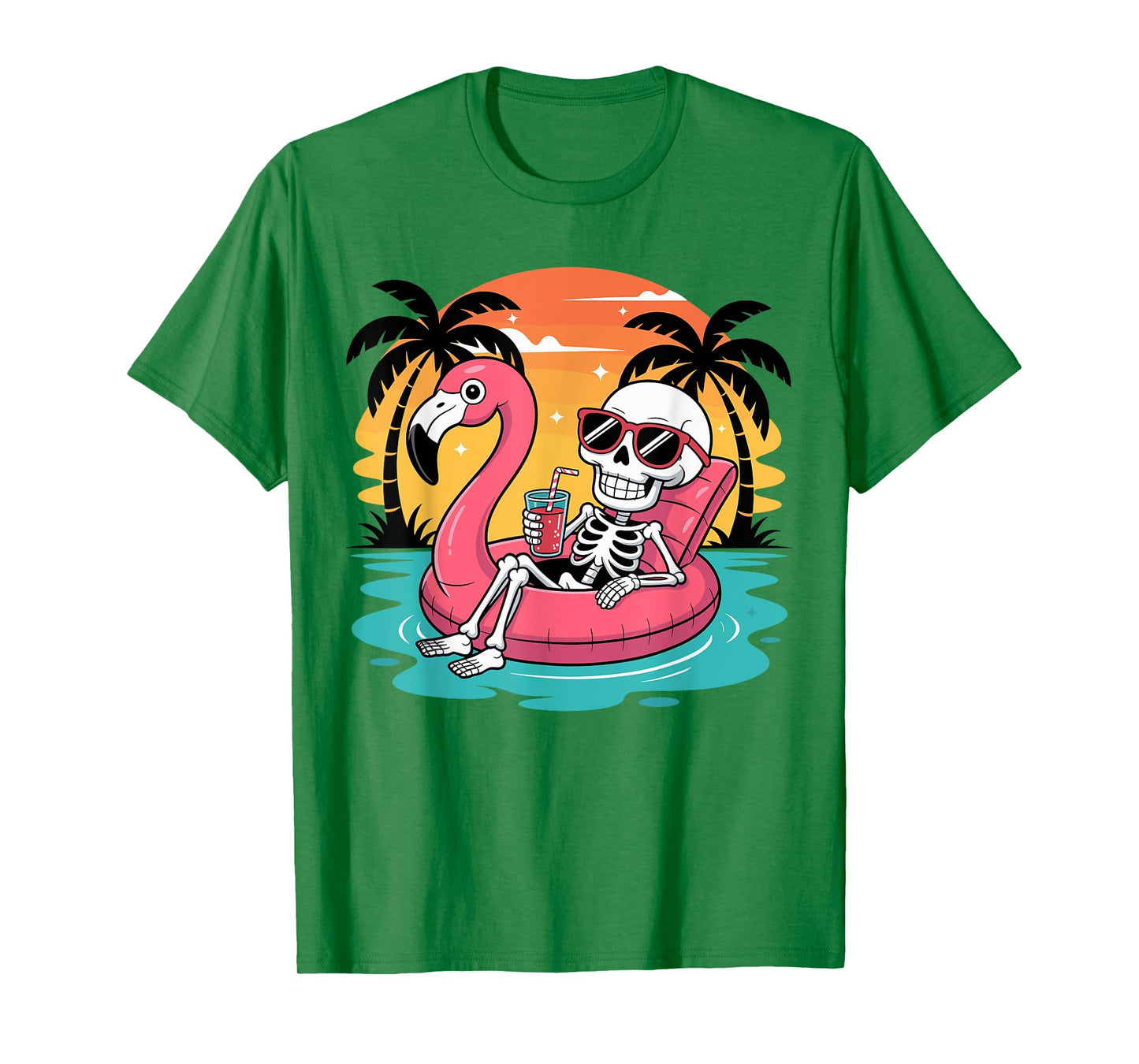 Summer Skeleton Flamingo Float Vacation Beach T-Shirt