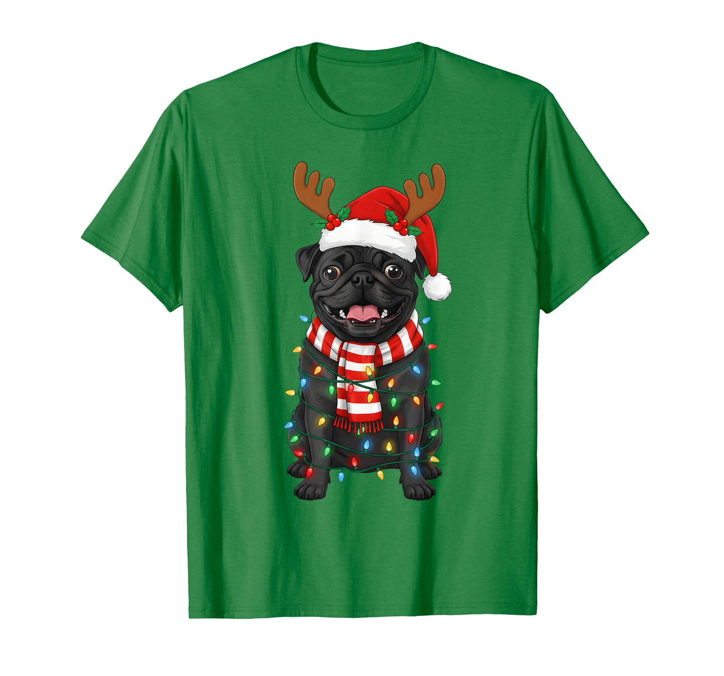 Black Pug Dog Tree Christmas Lights Xmas Pajama Men Women T-Shirt
