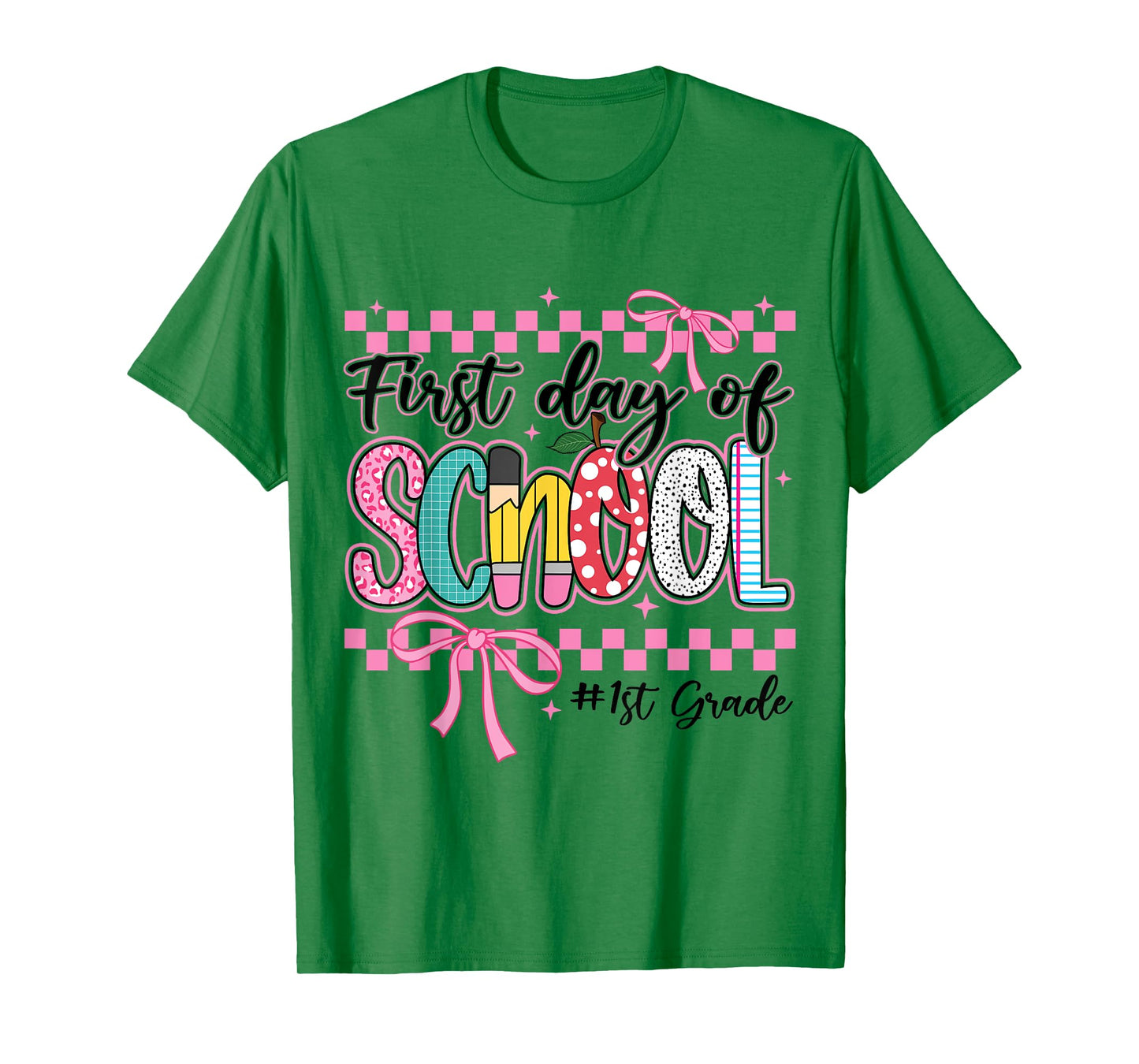 First Day of 1st Grade Kids Girl Bow Back To School Retro. T-Shirt