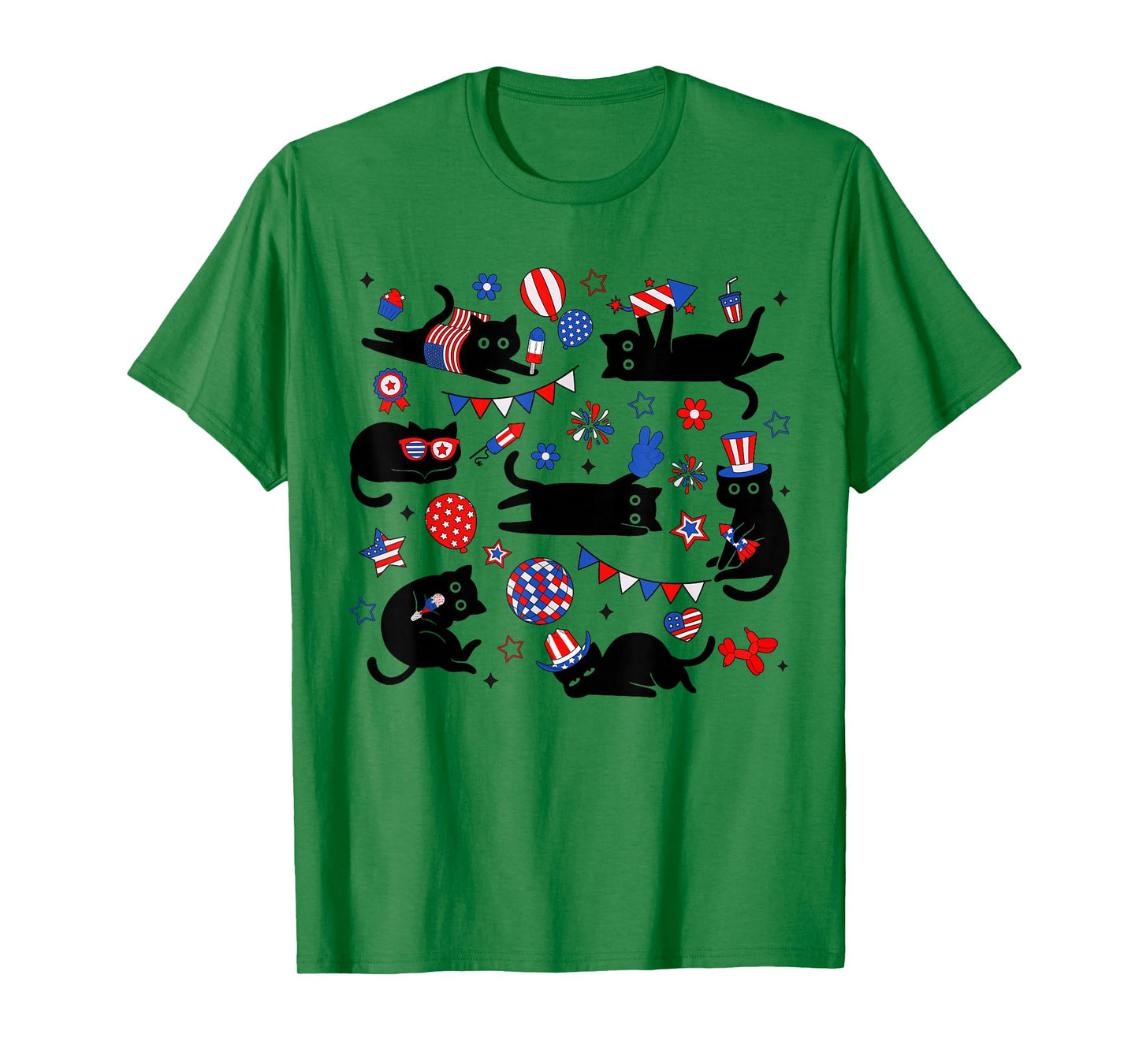 Cute Black Cat USA Flag Firework Patriotic 4th of July T-Shirt