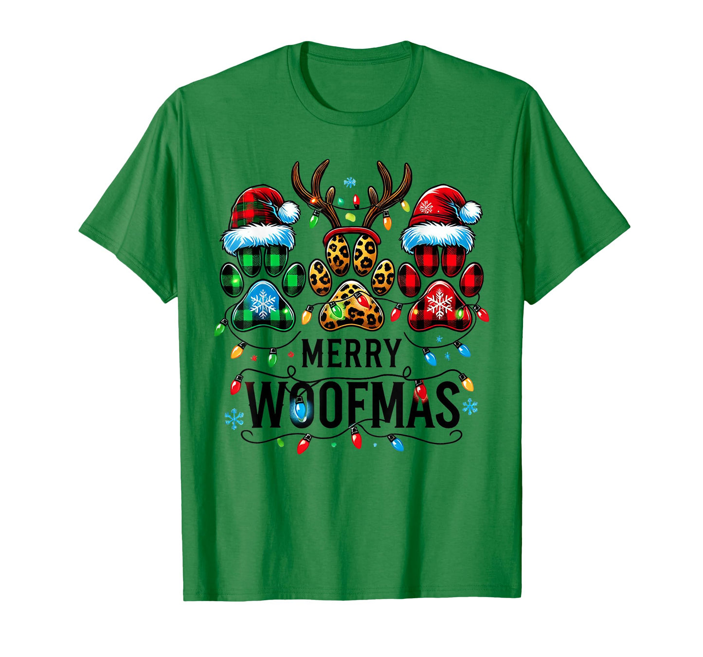 Merry Woofmas Christmas Dog Paws Lights Buffalo Plaid Women T-Shirt