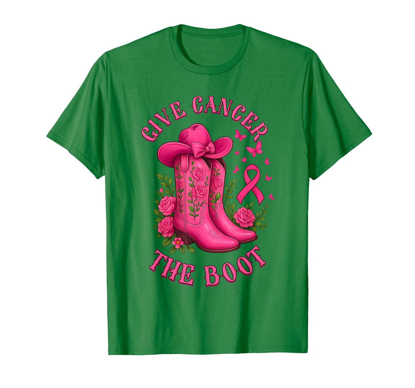 Give Cancer The Boot Cowgirl Cancer Awareness Pink Ribbon T-Shirt
