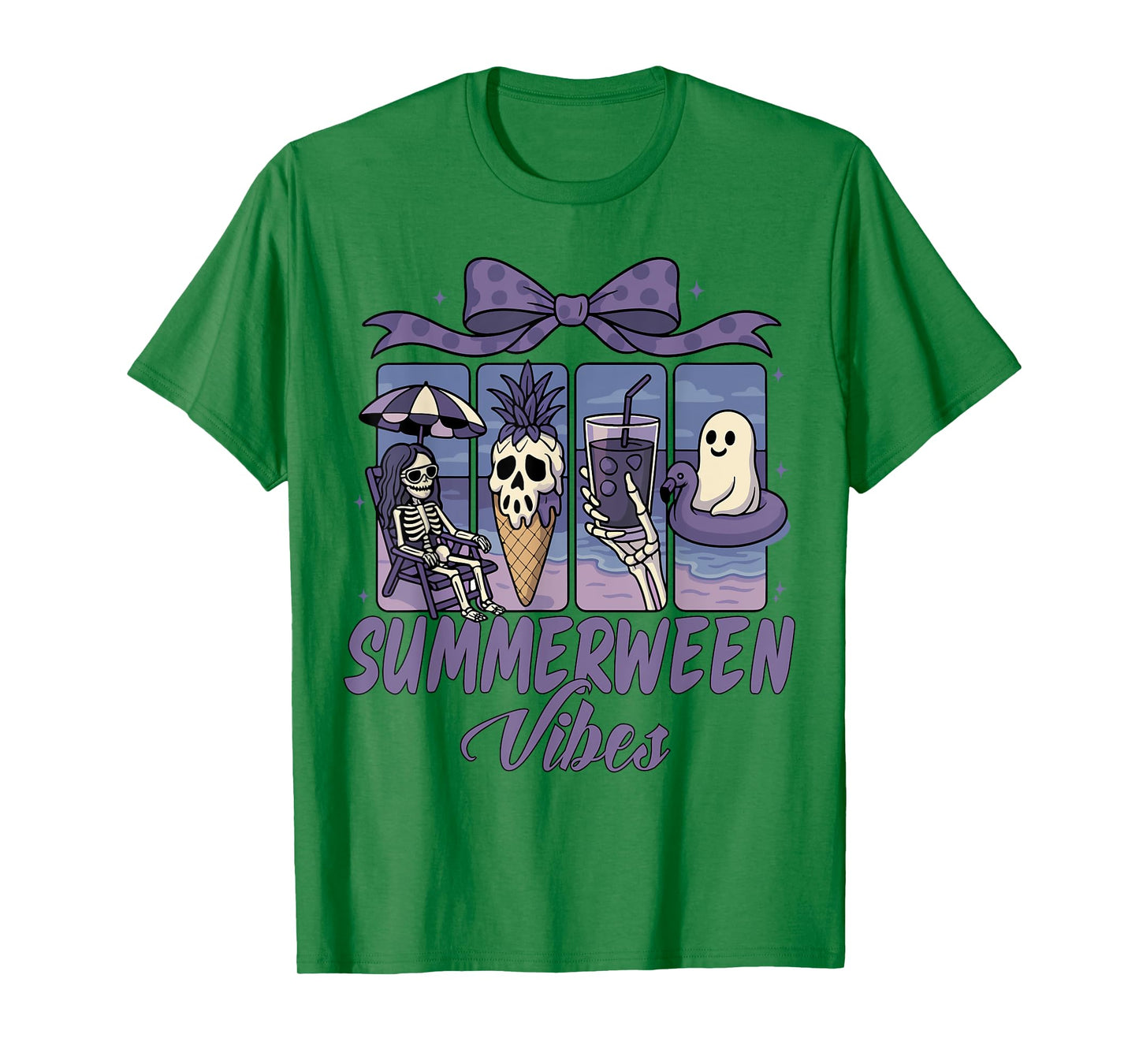 Summerween Vibes Skeleton Ghost Beach Party Halloween Bow T-Shirt