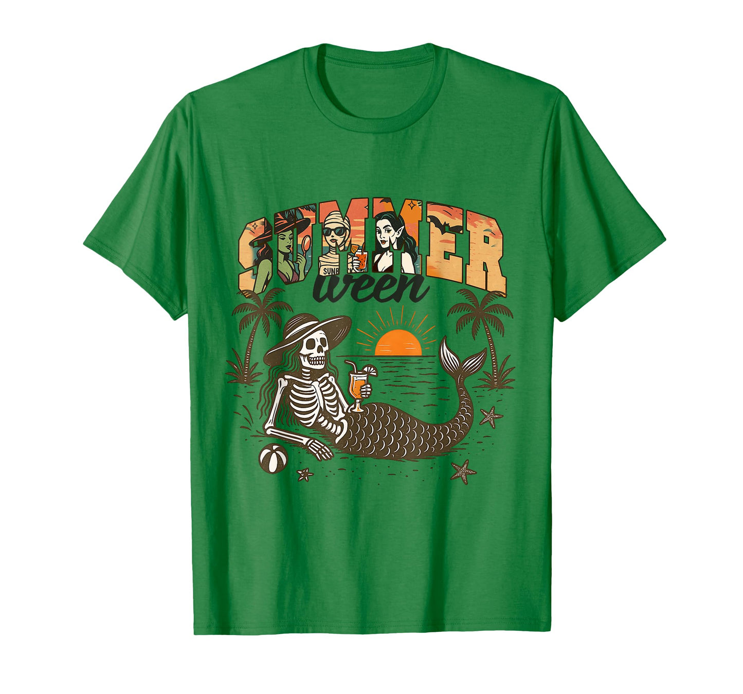 Mermaid Skeleton Summerween Beach Spooky Retro Vibes T-Shirt