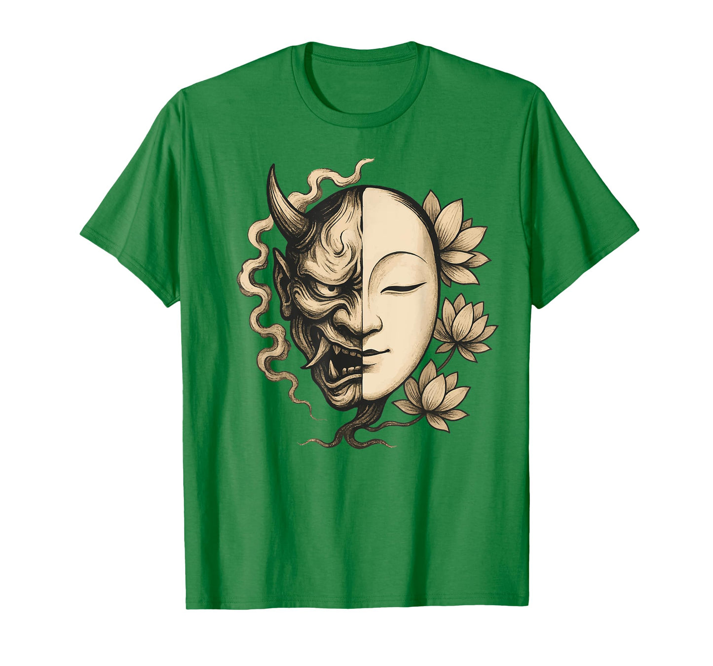 Noh Mask Demon Buddha Zen Japan Lotus Balance Art T-Shirt