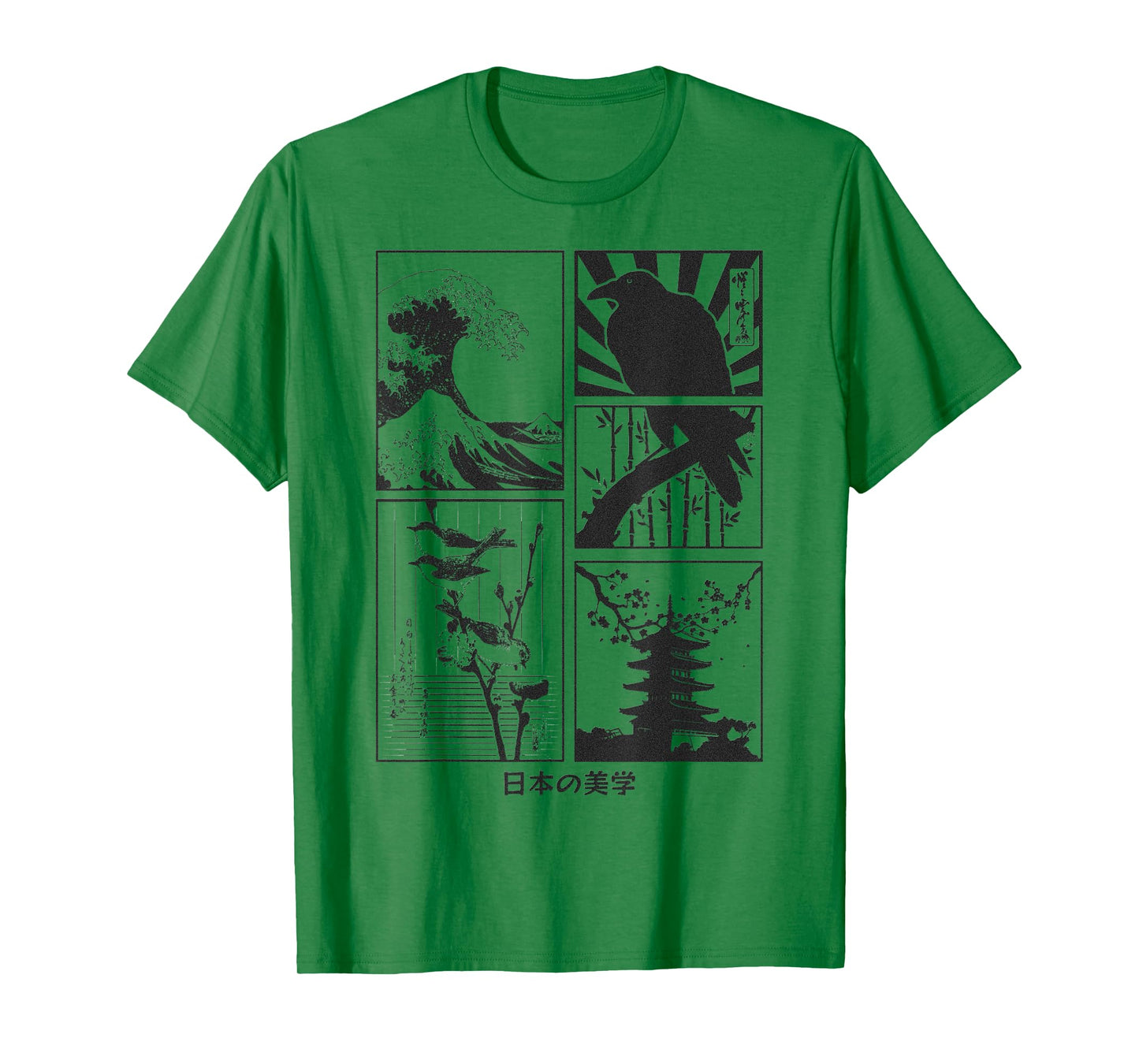 Japanese Art Birds on Cherry Blossom and Kyosai Crow Raven T-Shirt