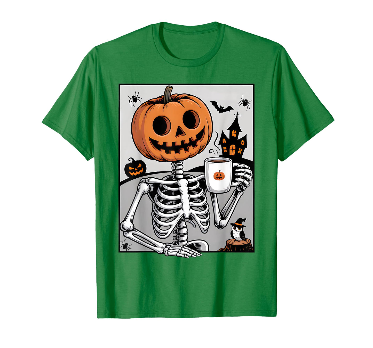 Skeleton Pumpkin Drinking Coffee Men Women Halloween Costume T-Shirt