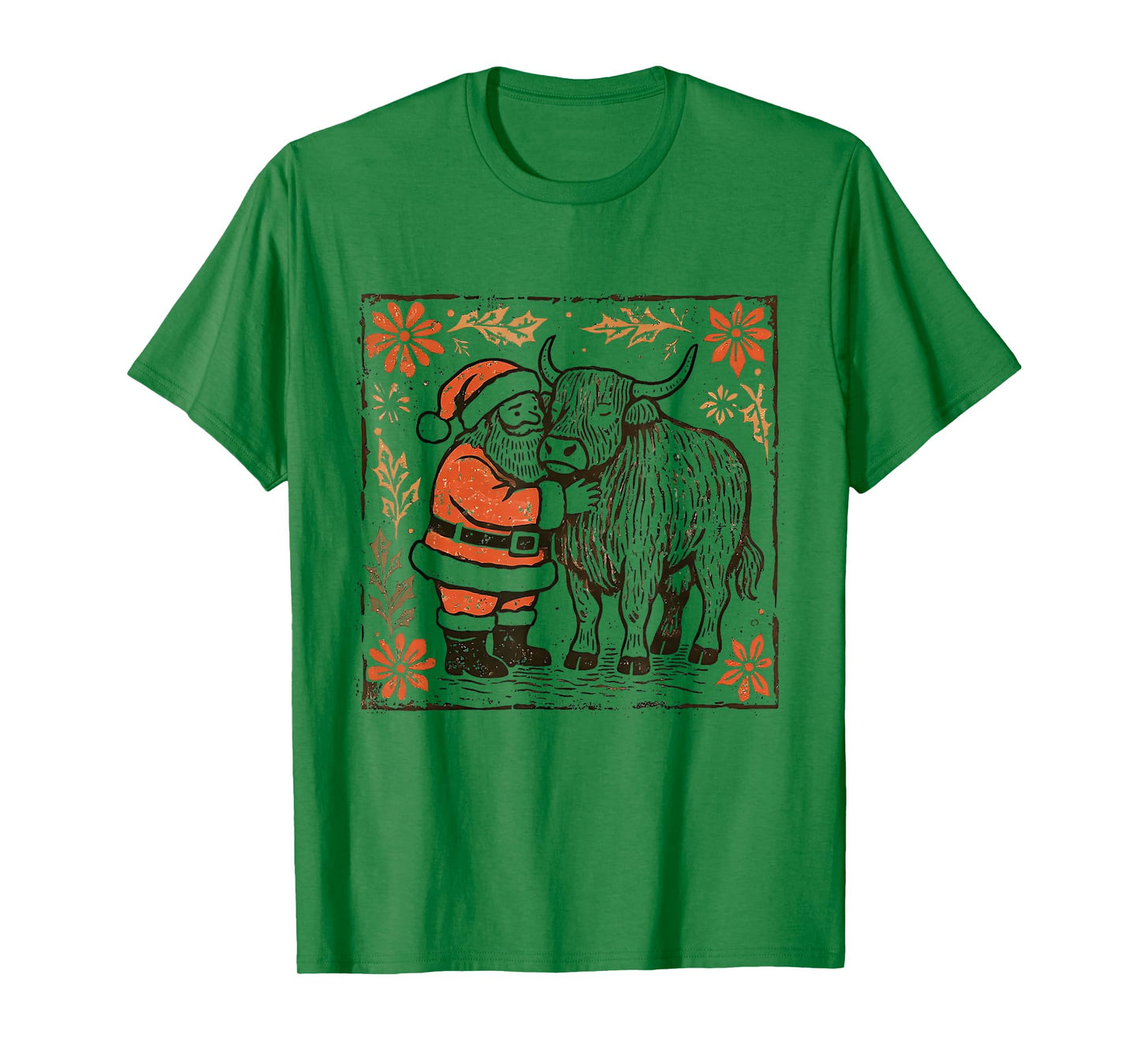 Boho Floral Western Christmas Santa Claus Highland Cow Xmas T-Shirt