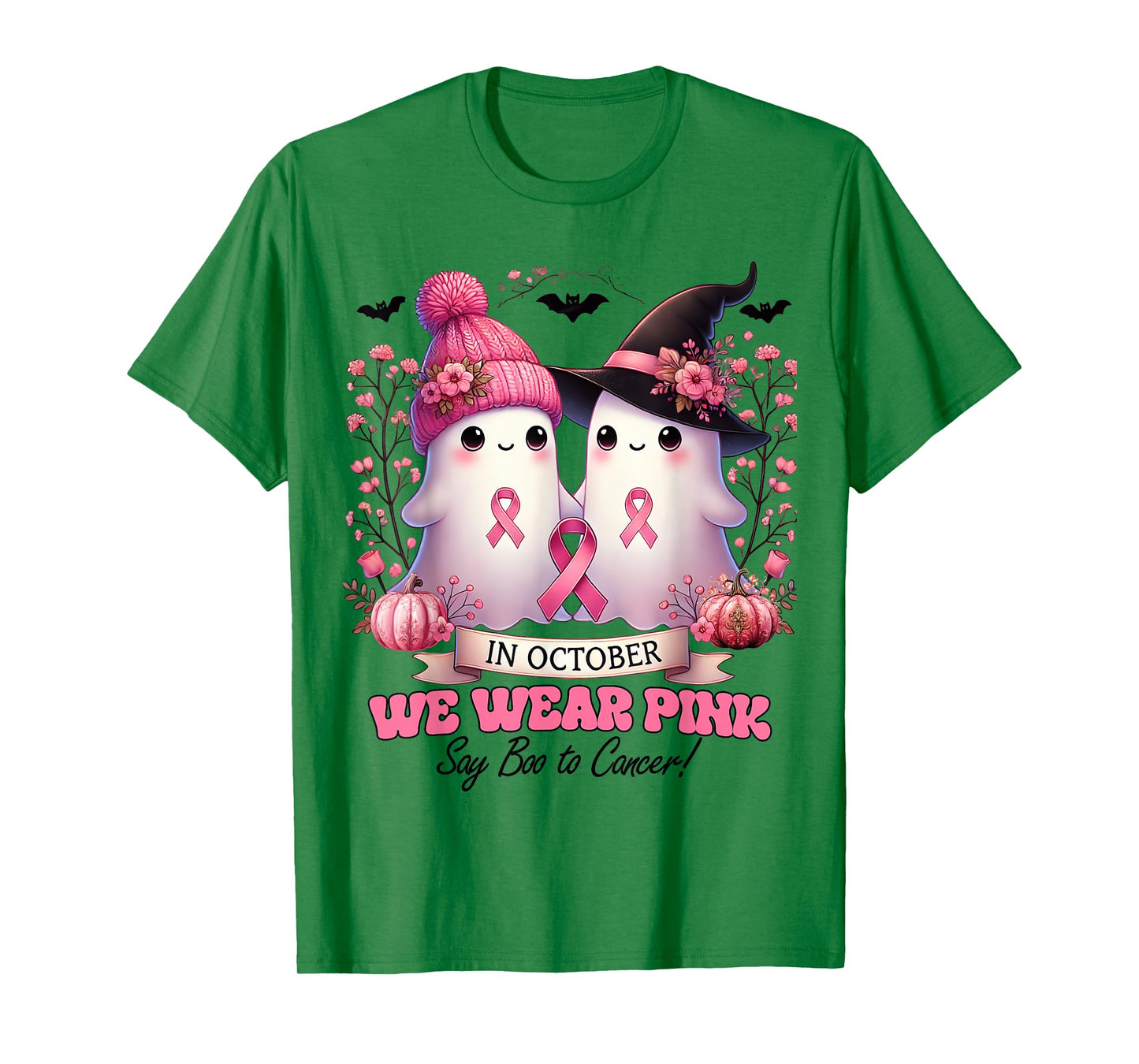 In October We Wear Pink Witch Ghost Pumpkin Breast Cancer T-Shirt