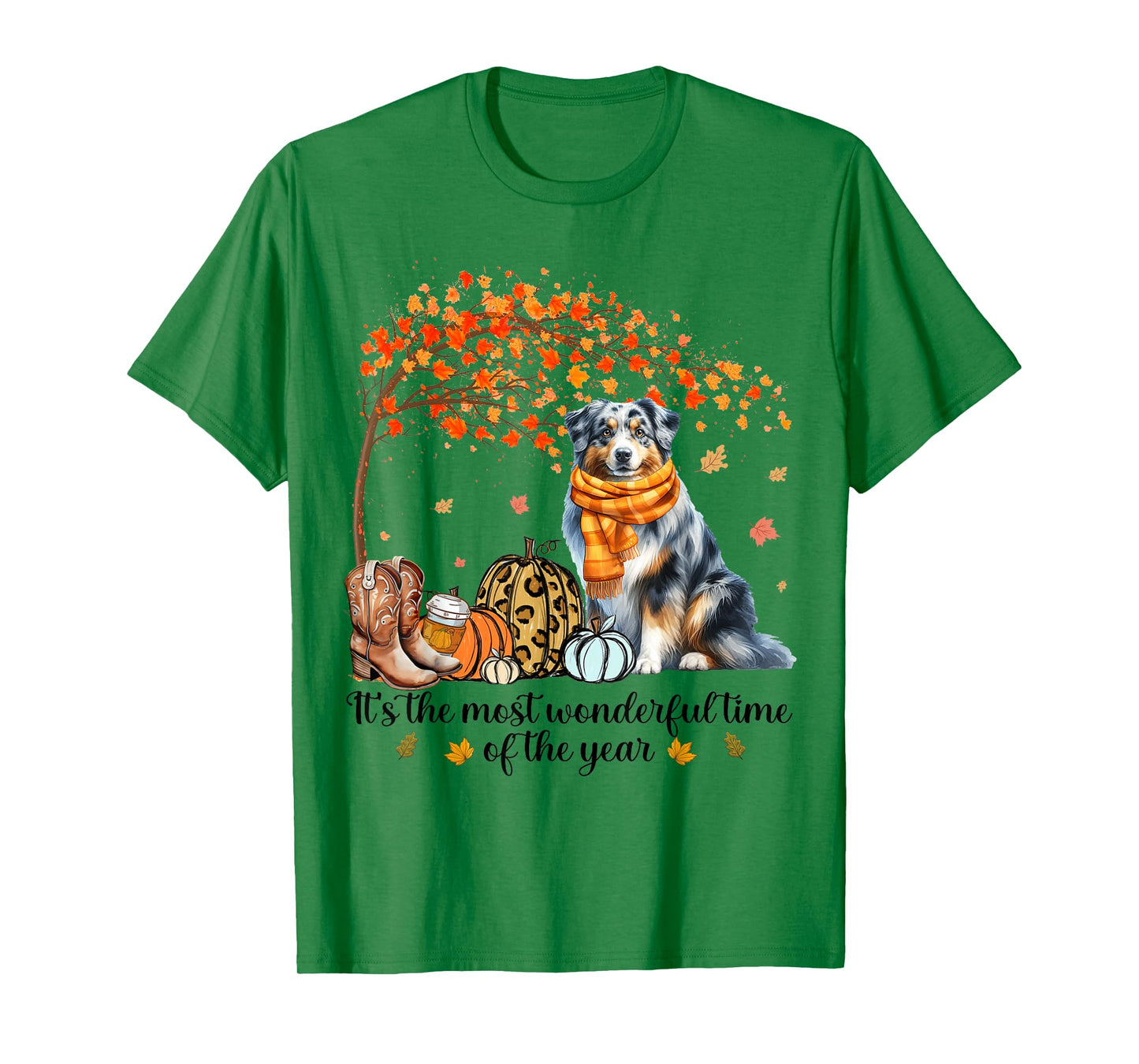 Fall Maple Tree Print Dog Lover Happy Thanksgiving Australian Shepherd Autumn Fall T-Shirt