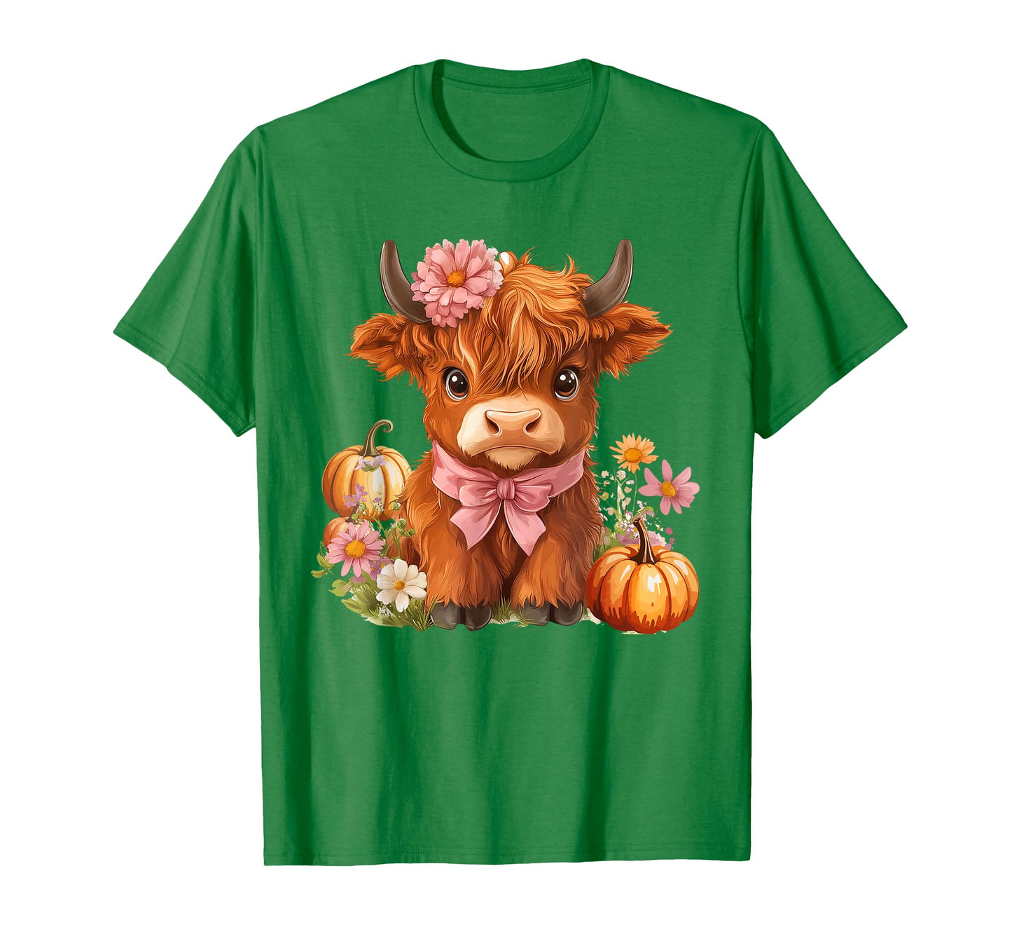 Highland Cow Pumpkin Pink Bow Ribbon Floral Autumn Fall Love T-Shirt
