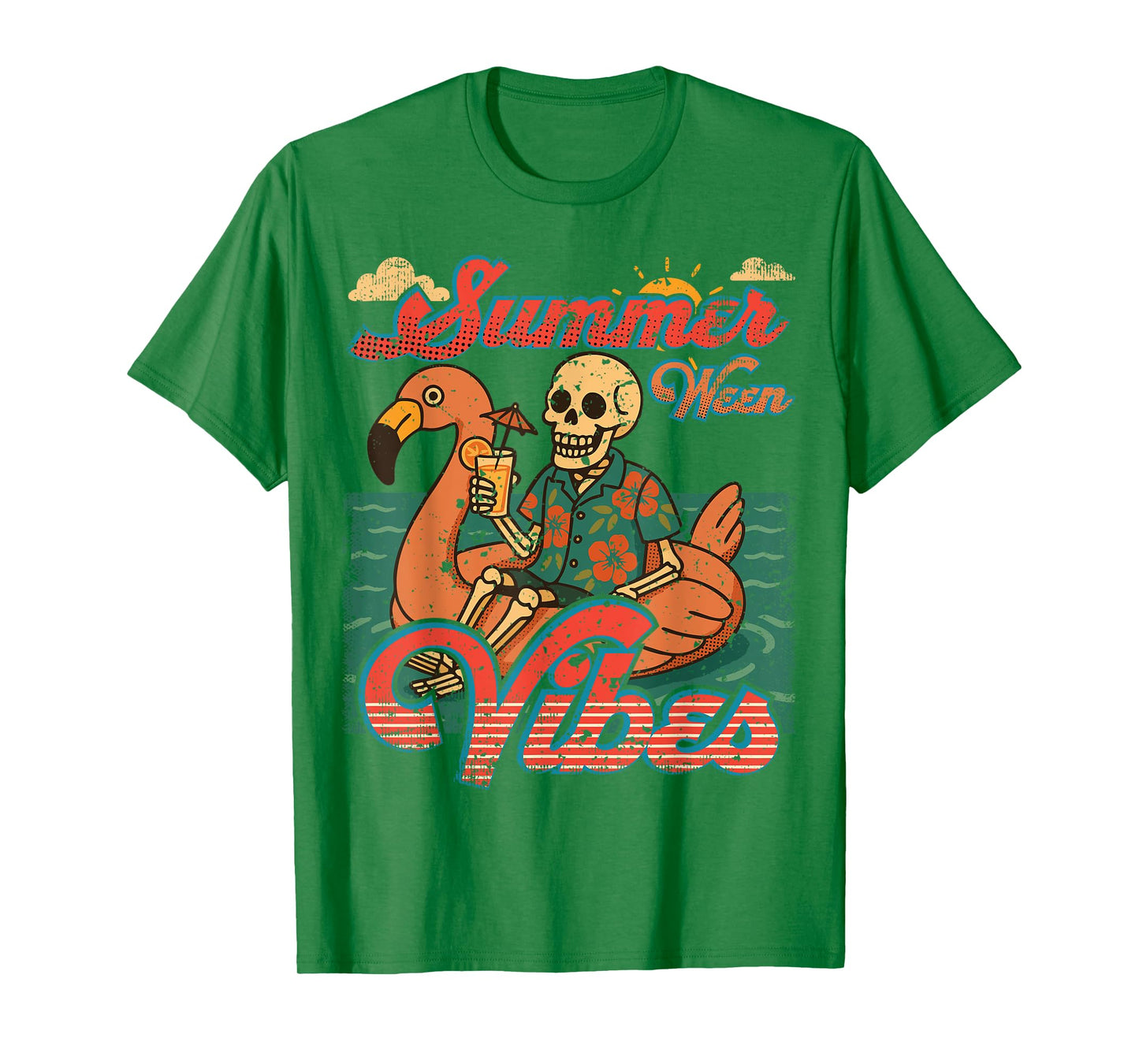 Summerween Vibes Skeleton Flamingo Float Summer Halloween T-Shirt