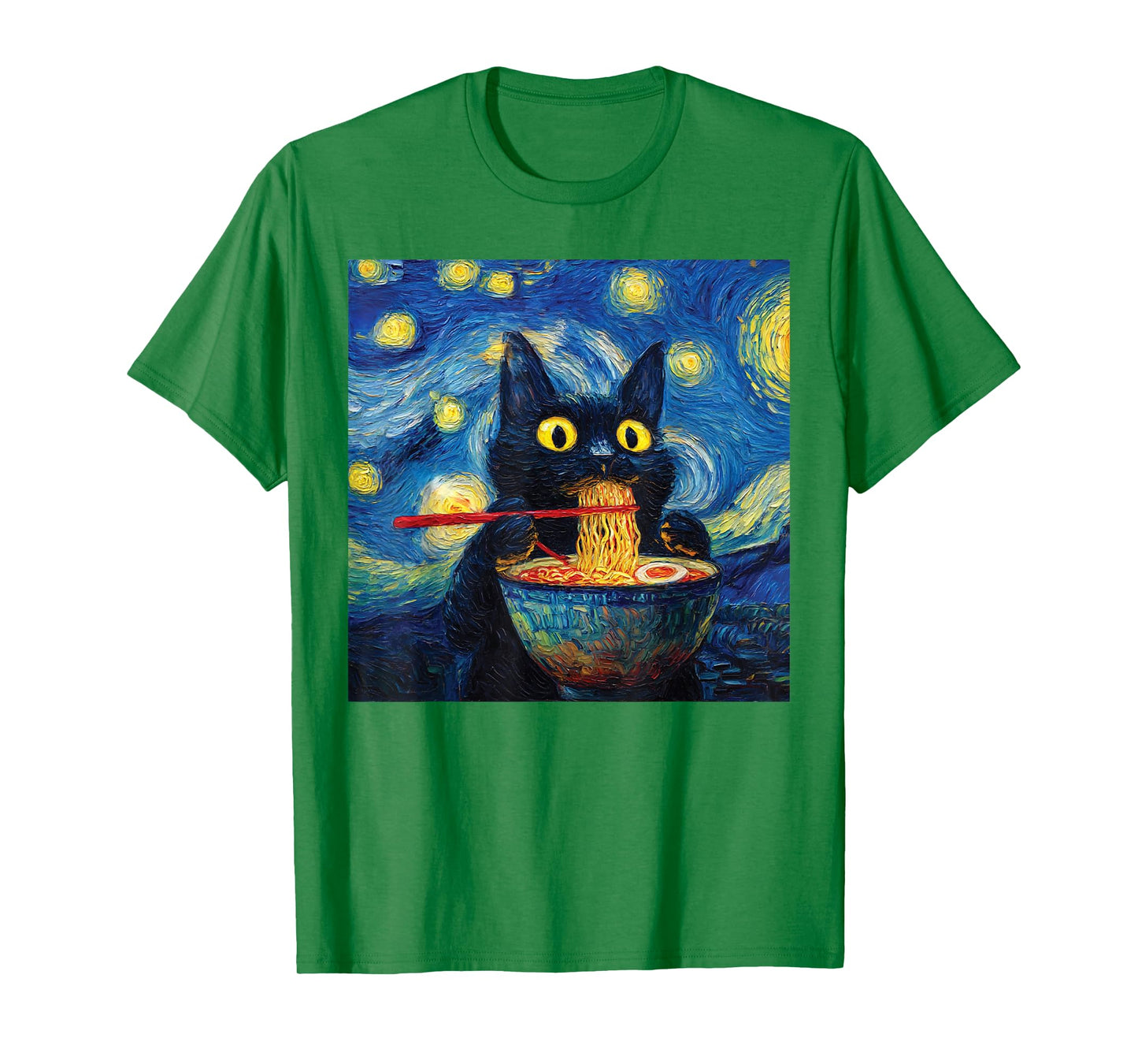 Black Cat Eating Ramen Graphic Night Painting for Women Men T-Shirt