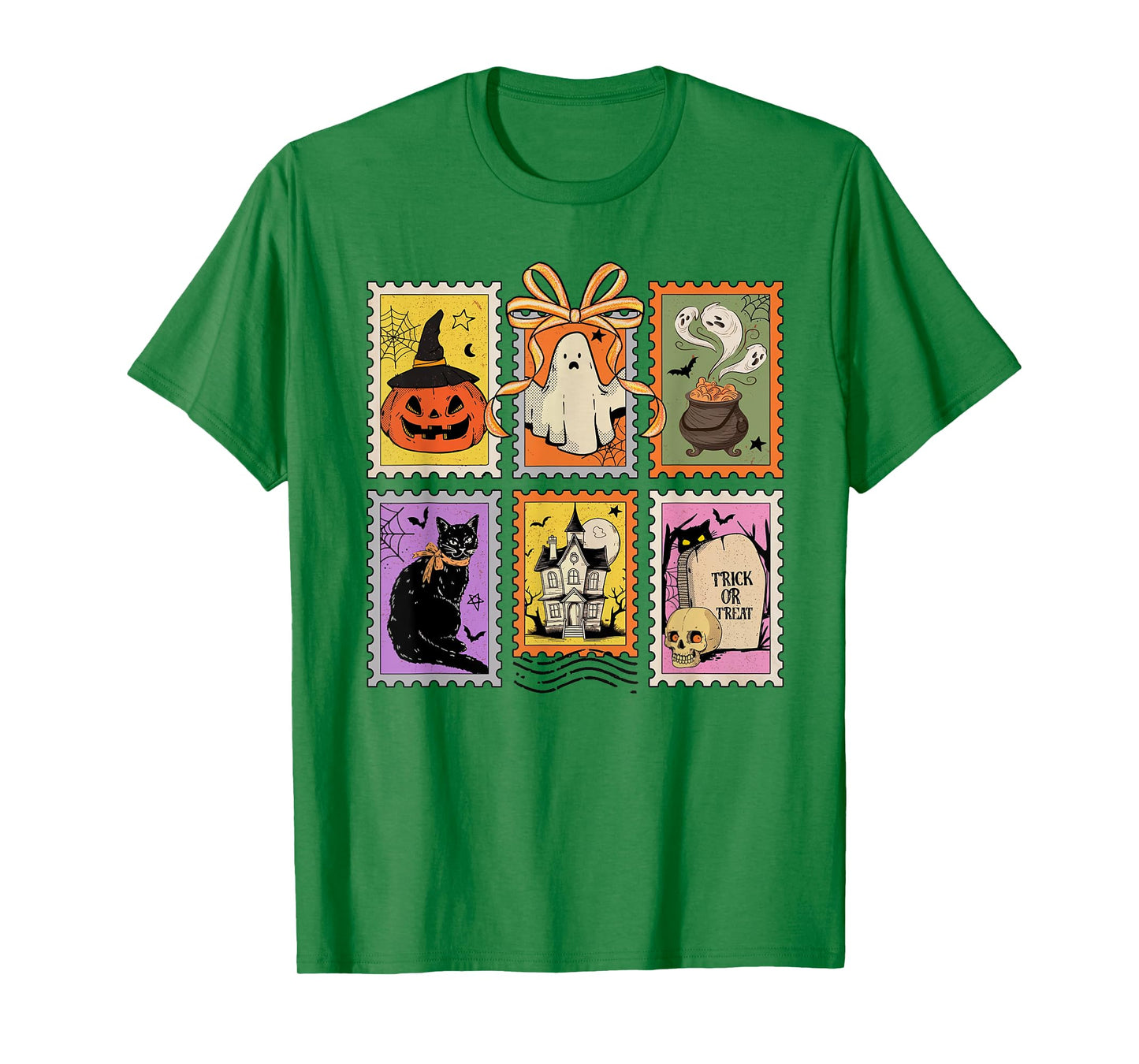 Halloween Stamp Spooky Ghost Boo Pumpkin Coquette Bow Retro T-Shirt