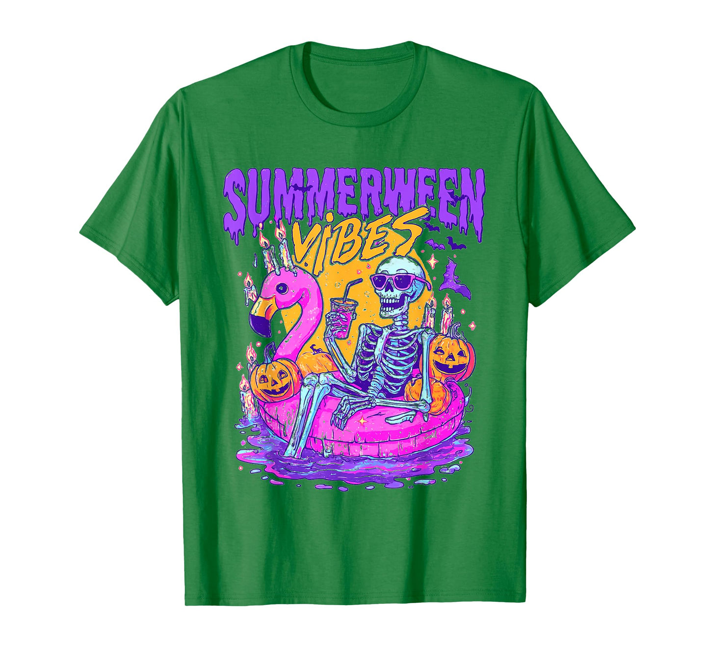 Summerween Skeleton Float Halloween Flamingo Vibes Fun T-Shirt