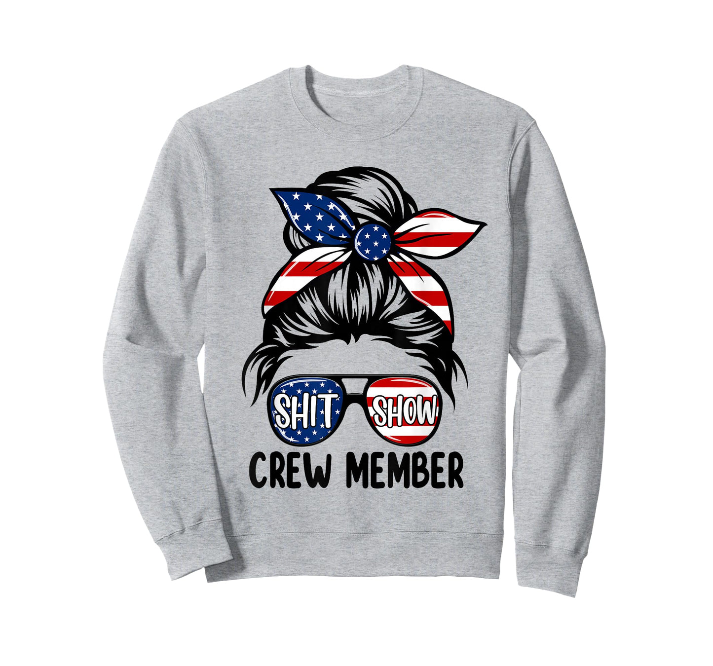 Women Shit Show Crew Member Amerian Flag Headband Messy Bun T-Shirt