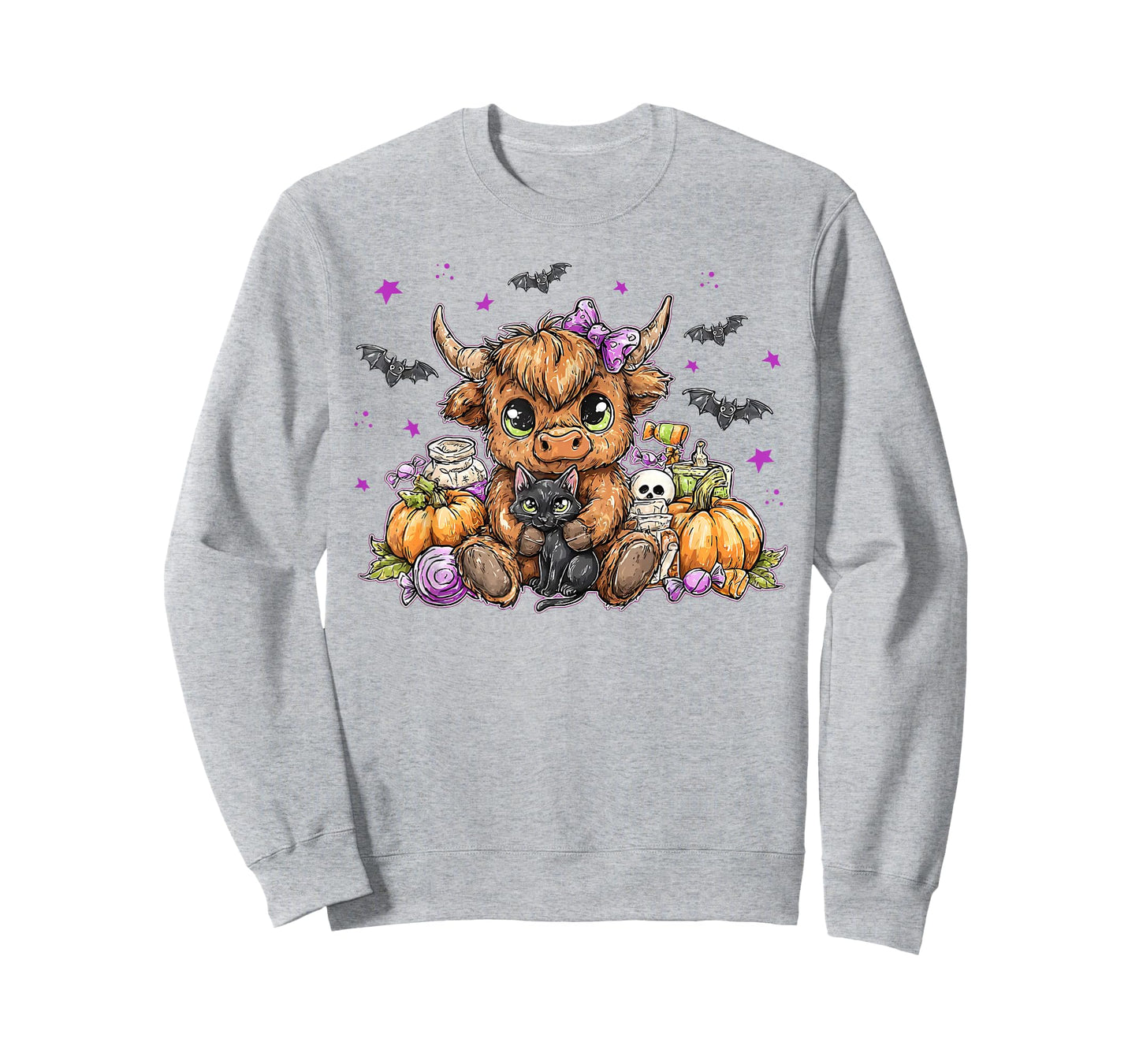 Retro Pumpkin Highland Cow Halloween Cow Lover Black Cat T-Shirt