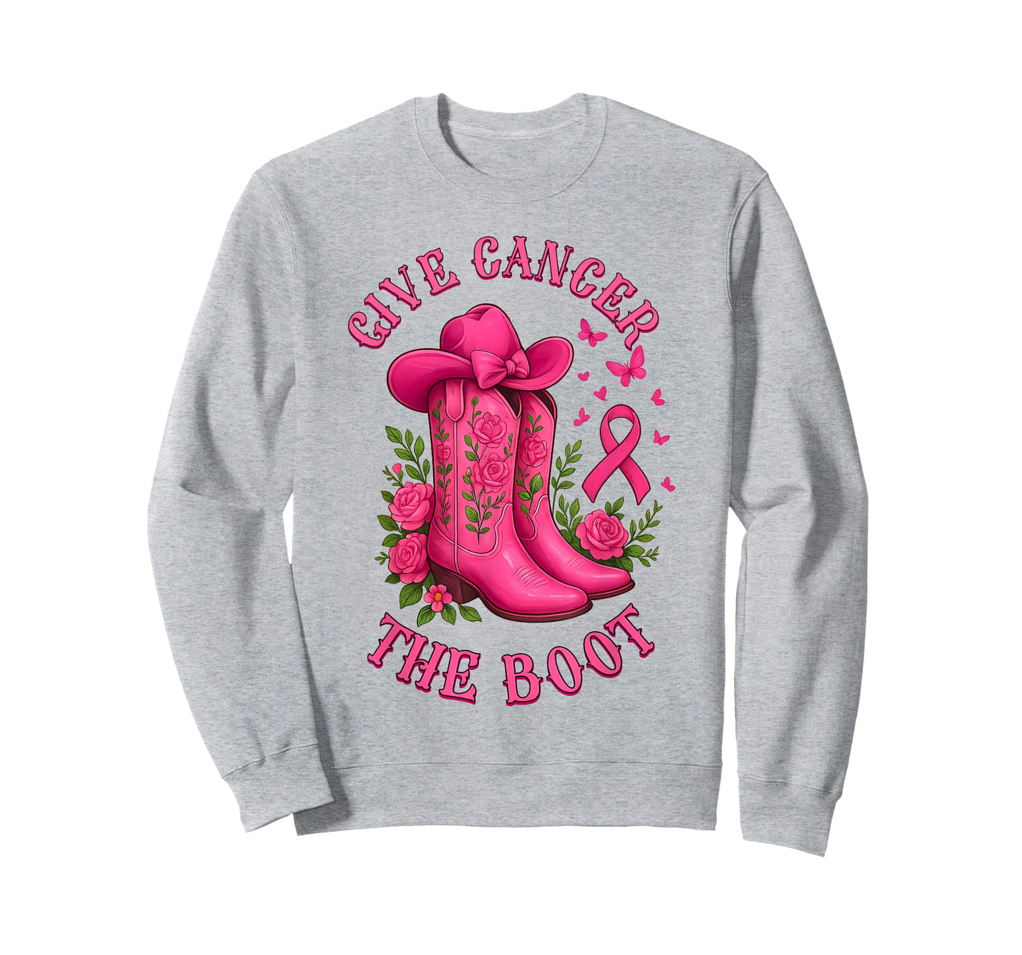 Give Cancer The Boot Cowgirl Cancer Awareness Pink Ribbon T-Shirt