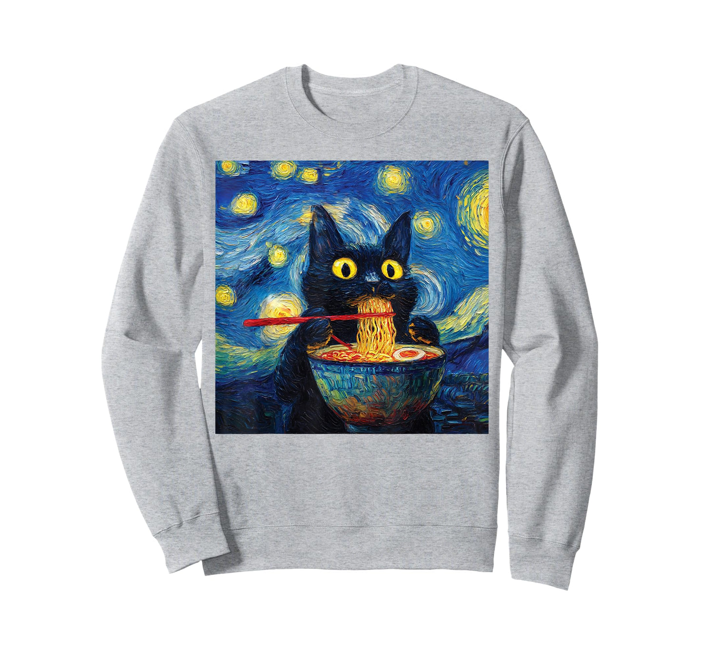 Black Cat Eating Ramen Graphic Night Painting for Women Men T-Shirt