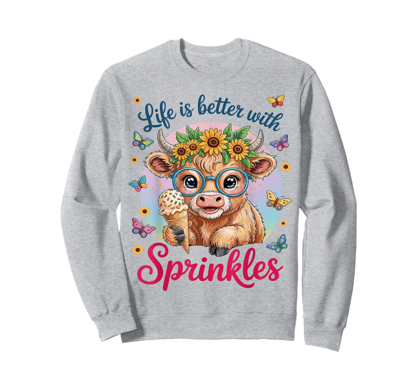 Life is Better with Sprinkles Ice Cream Cute Highland Cow T-Shirt