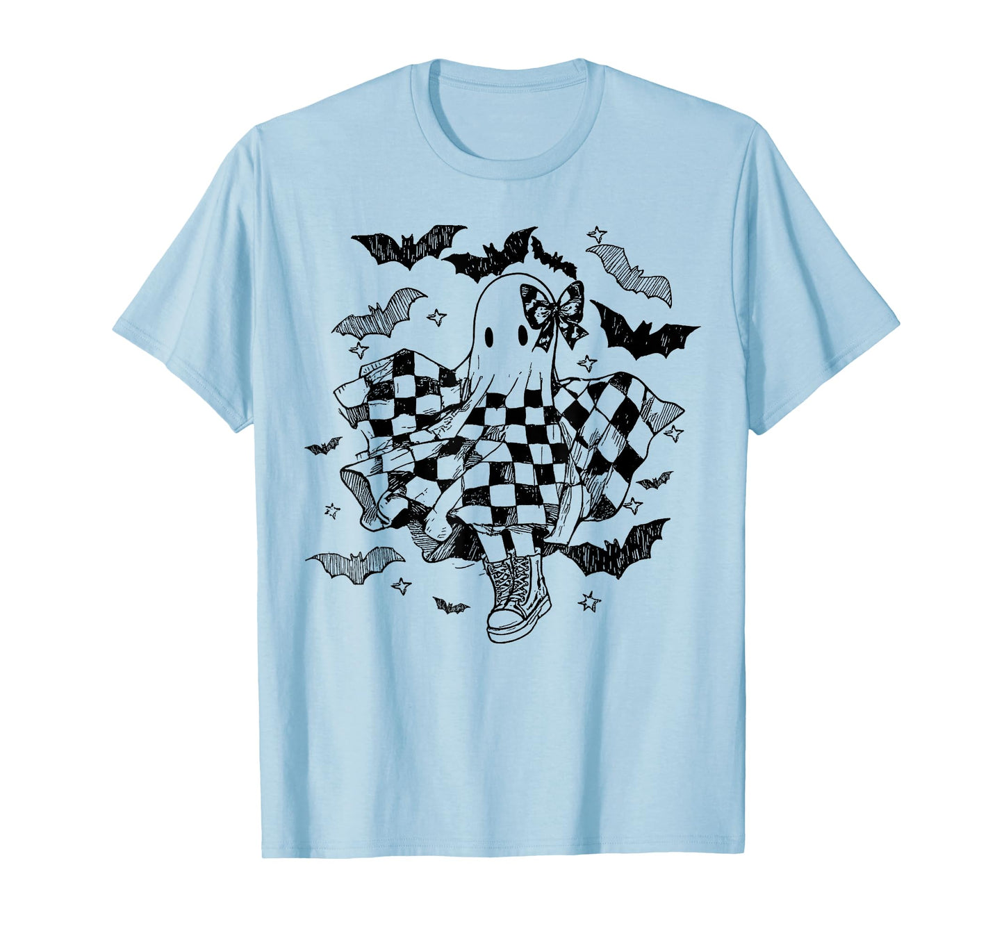 Checkered Ghost Coquette Dance Bow Bats Dancing Halloween T-Shirt