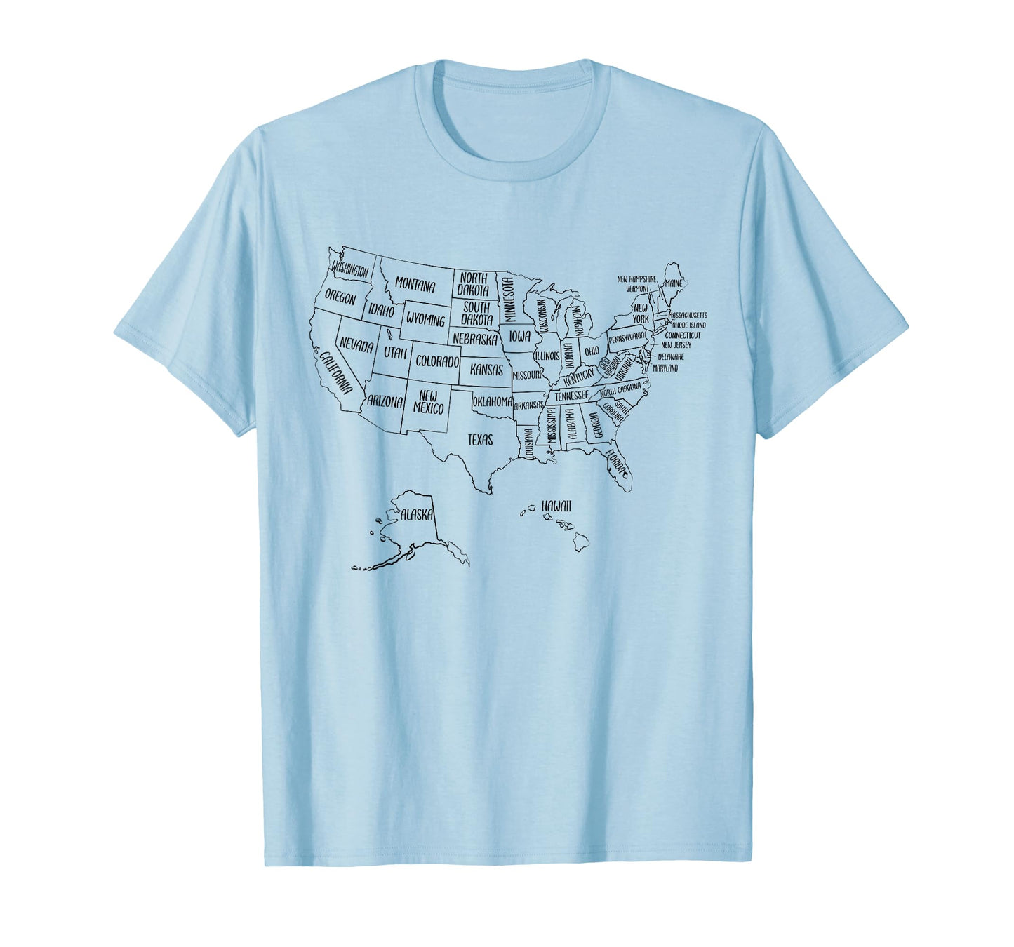 Black Outline Map of the 50 United States, USA Political map T-Shirt
