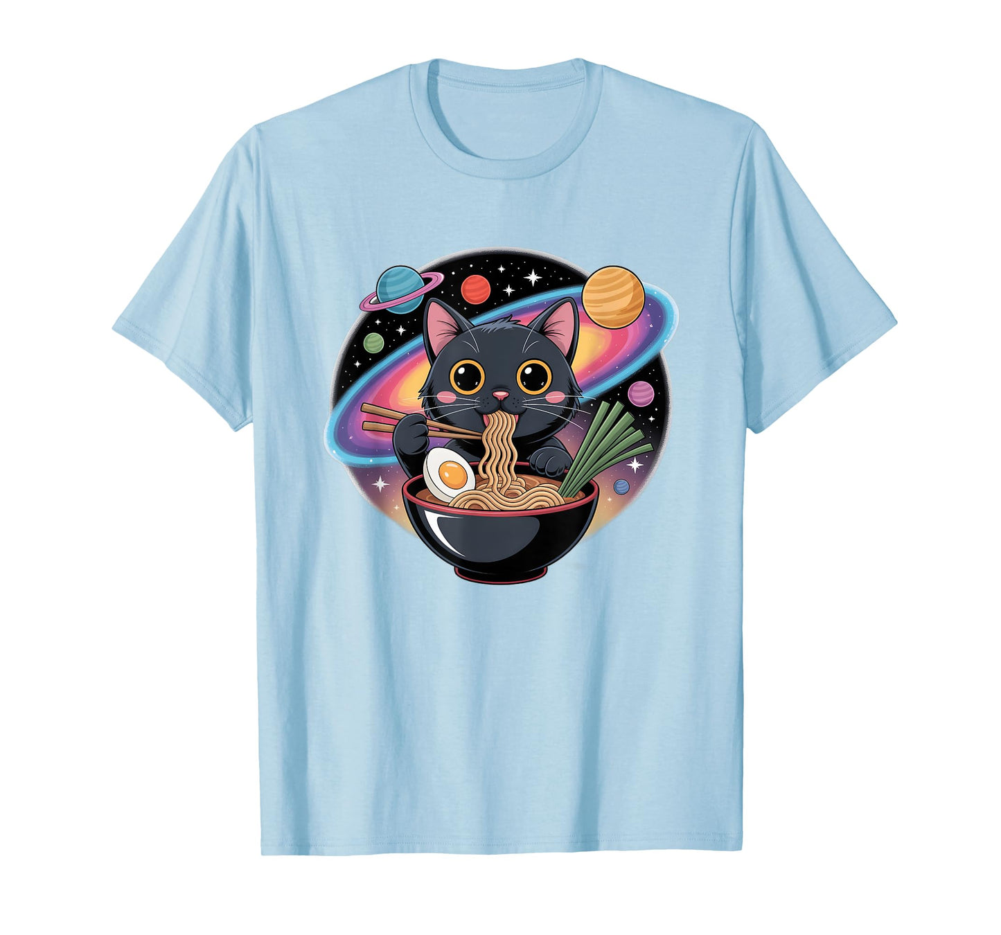 Cute Black Cat Eating Ramen in Space with Planets T-Shirt