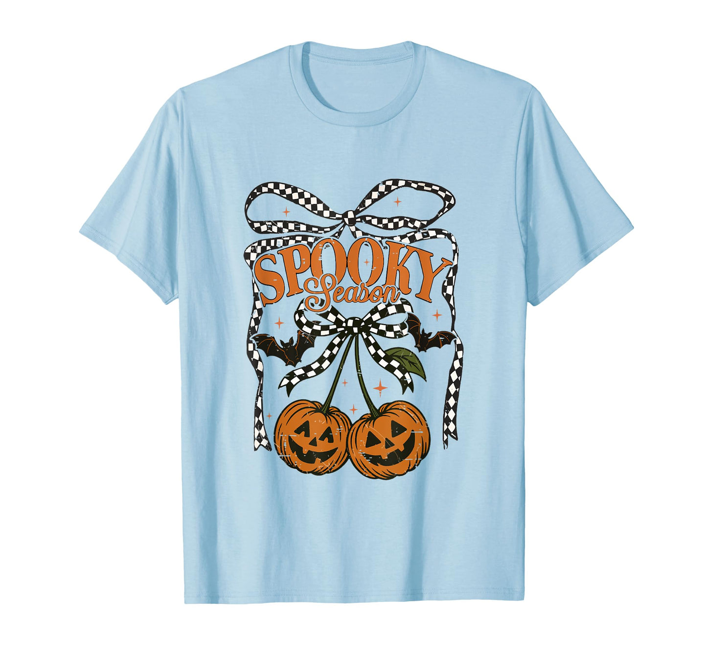 Spooky Season Checkered Bow Pumpkin Cherries Fall Autumn T-Shirt