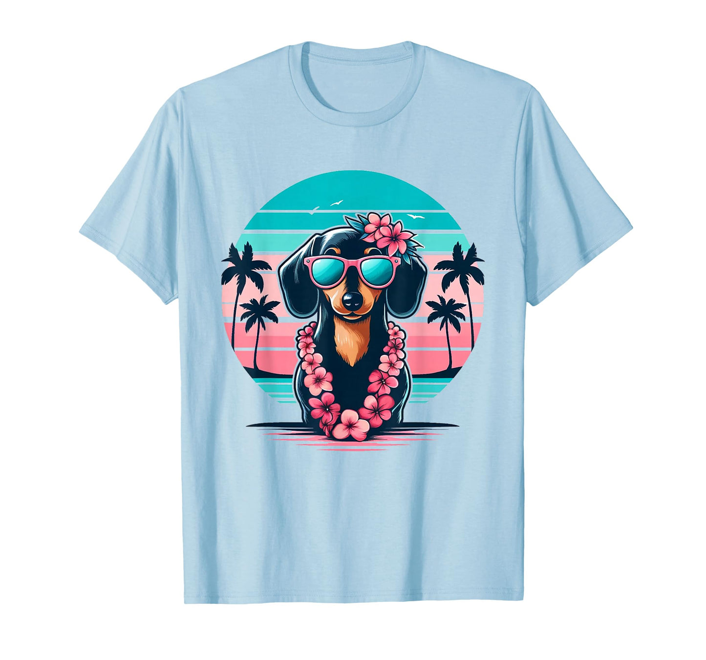 Retro Hawaiian Dachshund Dog Tropical Floral Summer Vibes T-Shirt