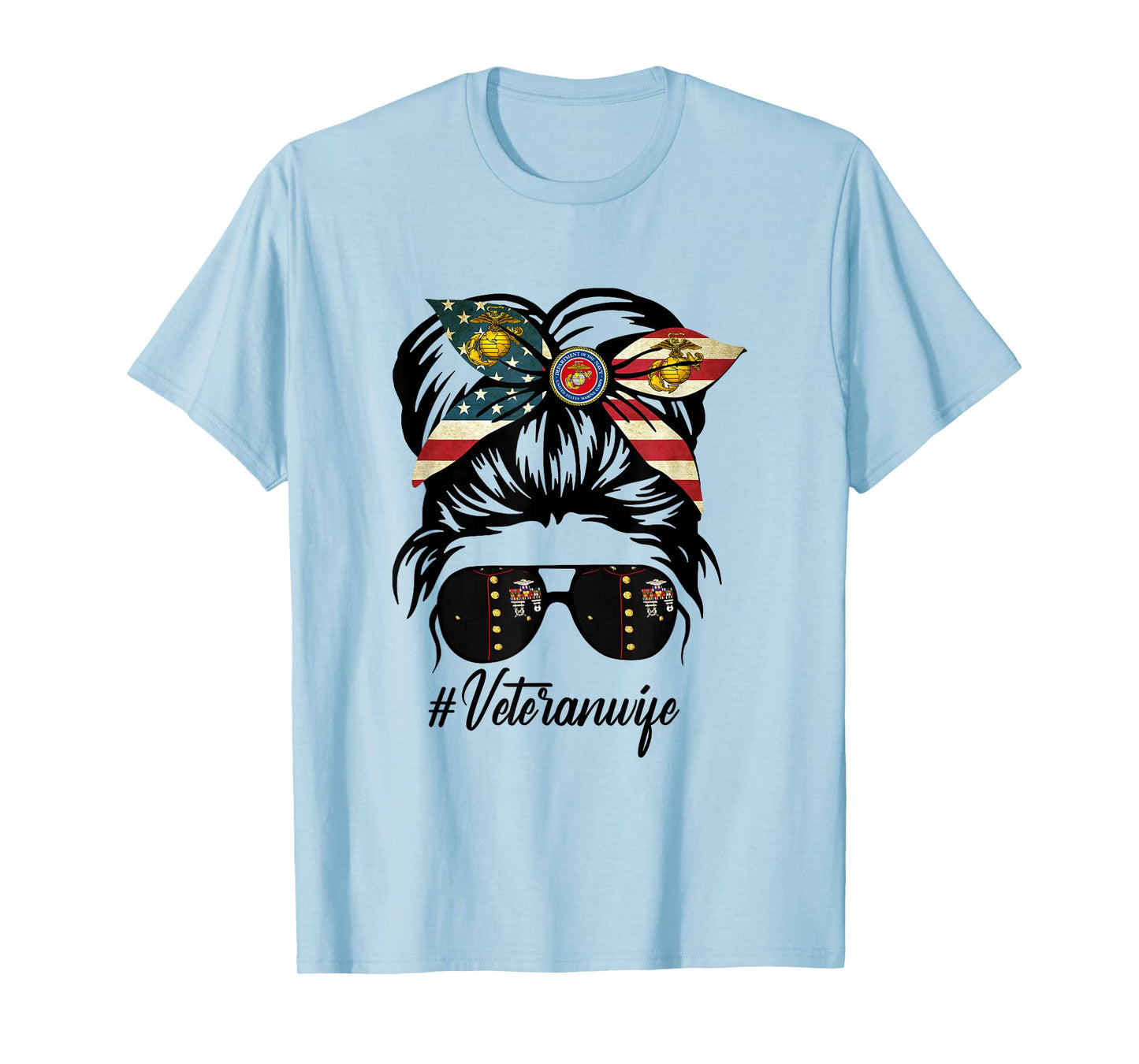 Women Veteran Wife Military Patriotic Messy Bun Hair T-Shirt